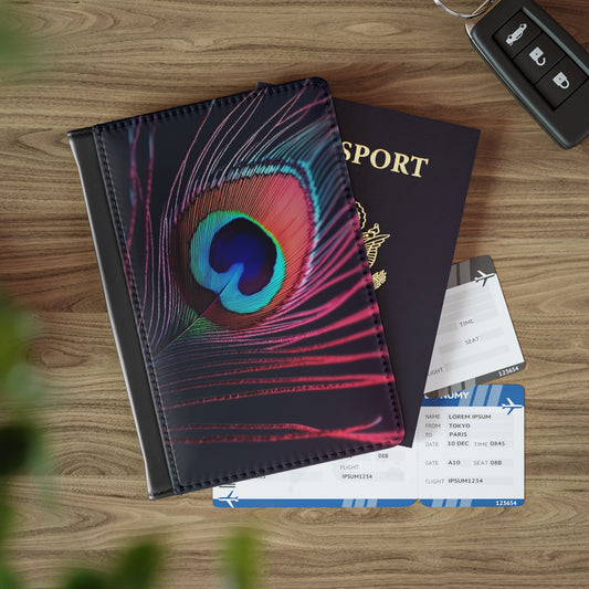 Tropical Passport Cover, Faux Leather - RFID blocking for travel security / Peacock Eye Feather, Magenta