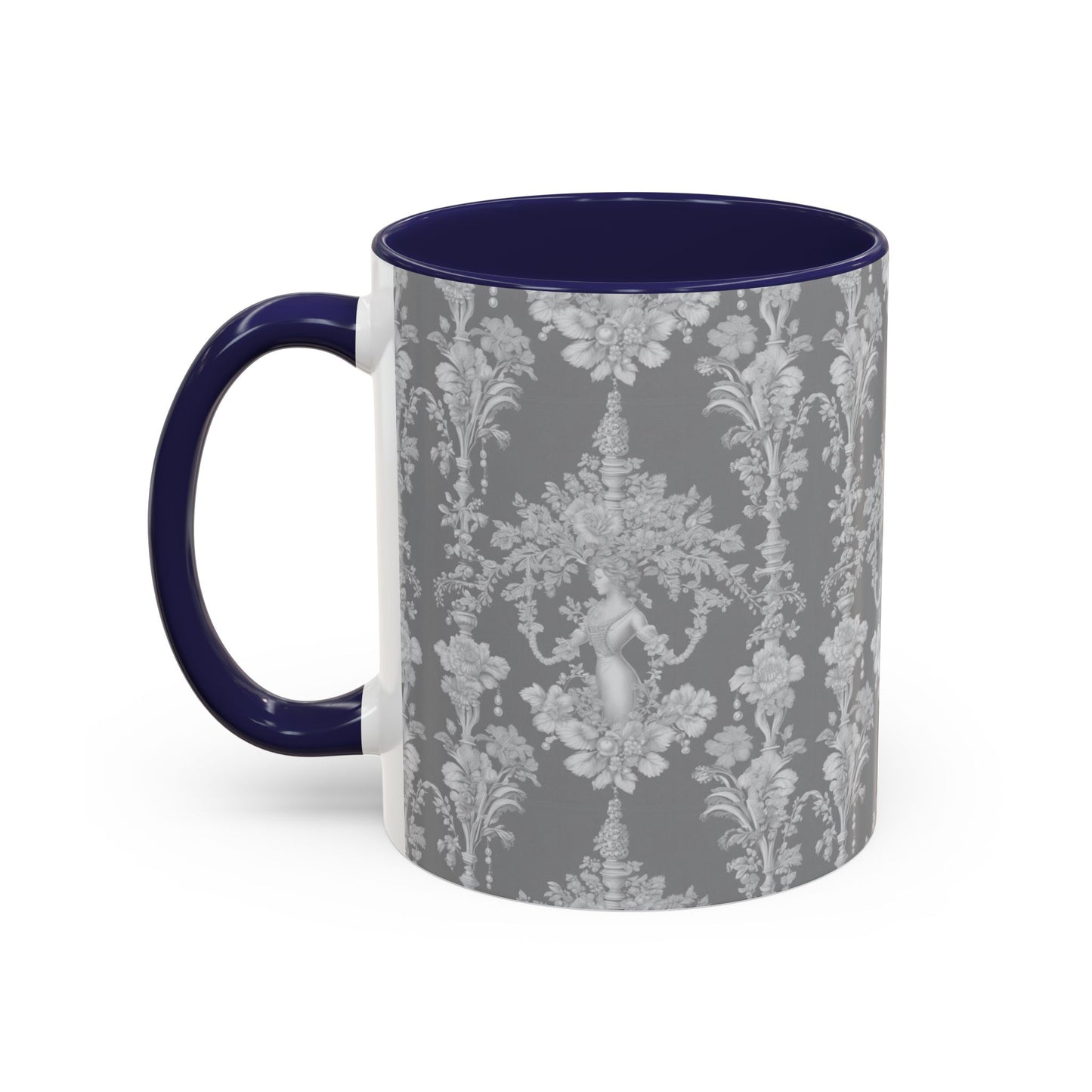 Accent Coffee Mug (11, 15oz), Pearl Lady Toile/Slate Repeat, Various Colors