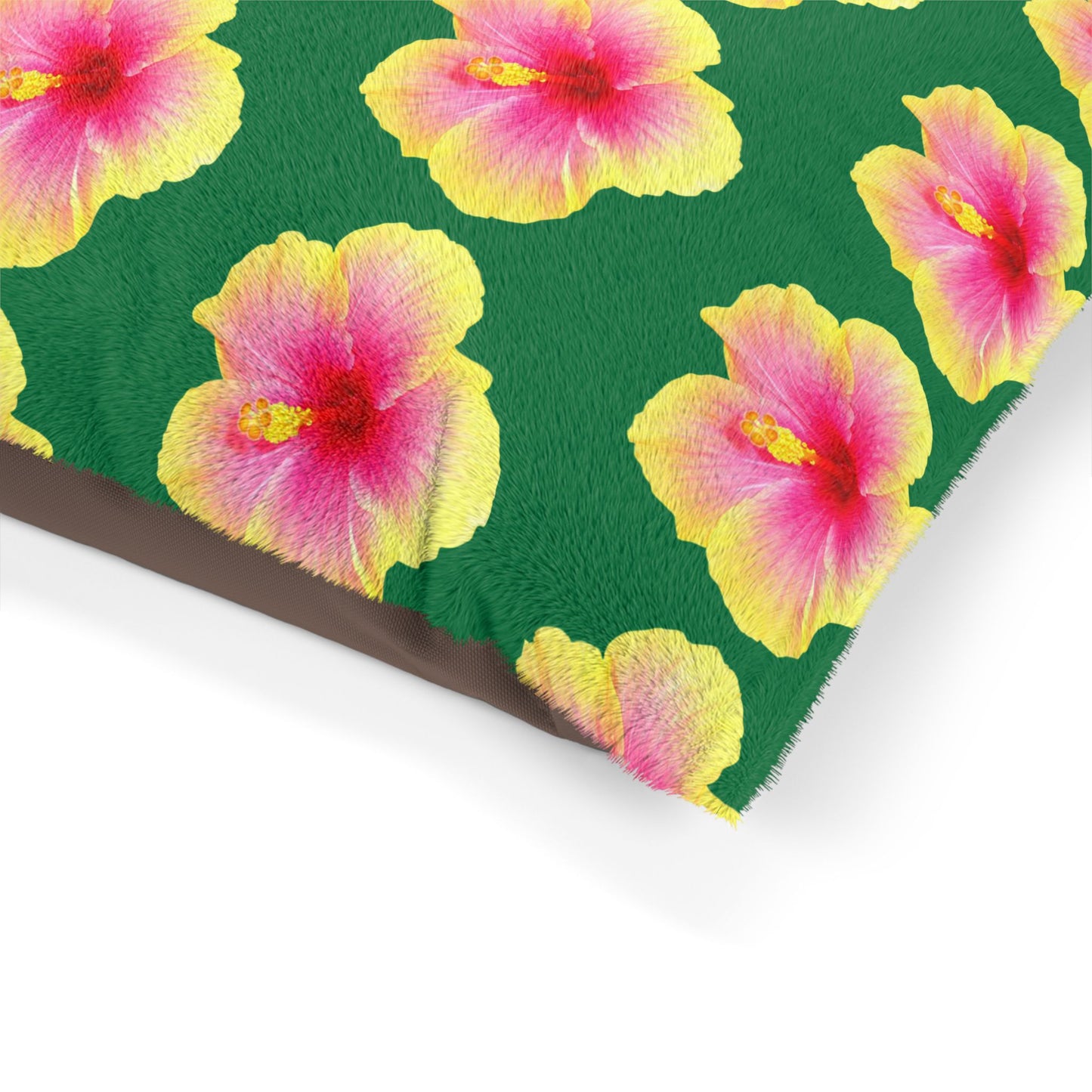Pet Bed - Cozy and Fun Dog or Cat Bed for Beach Lovers / Real Yellow & Pink Hibiscus/Dark Green