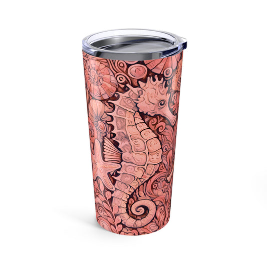 20oz Tropical Glossy Tumbler, Stainless Steel / Seahorse Trio, Red