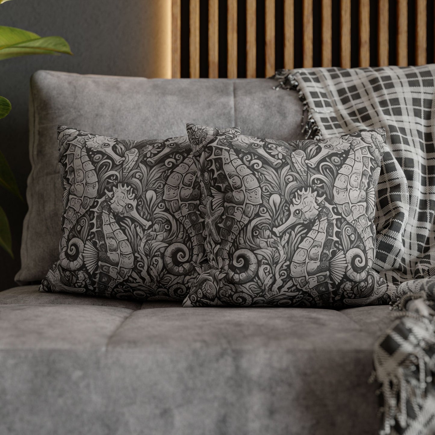 Faux Suede Square Pillowcase - Seahorse Trio, Noir