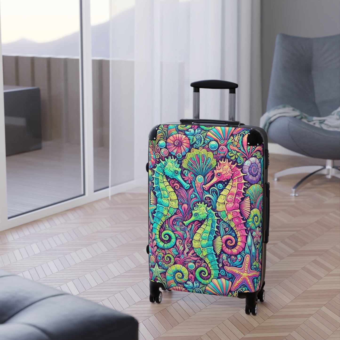 Colorful Tropical Suitcase - Stylish Travel Luggage for Adventurers / Seahorses