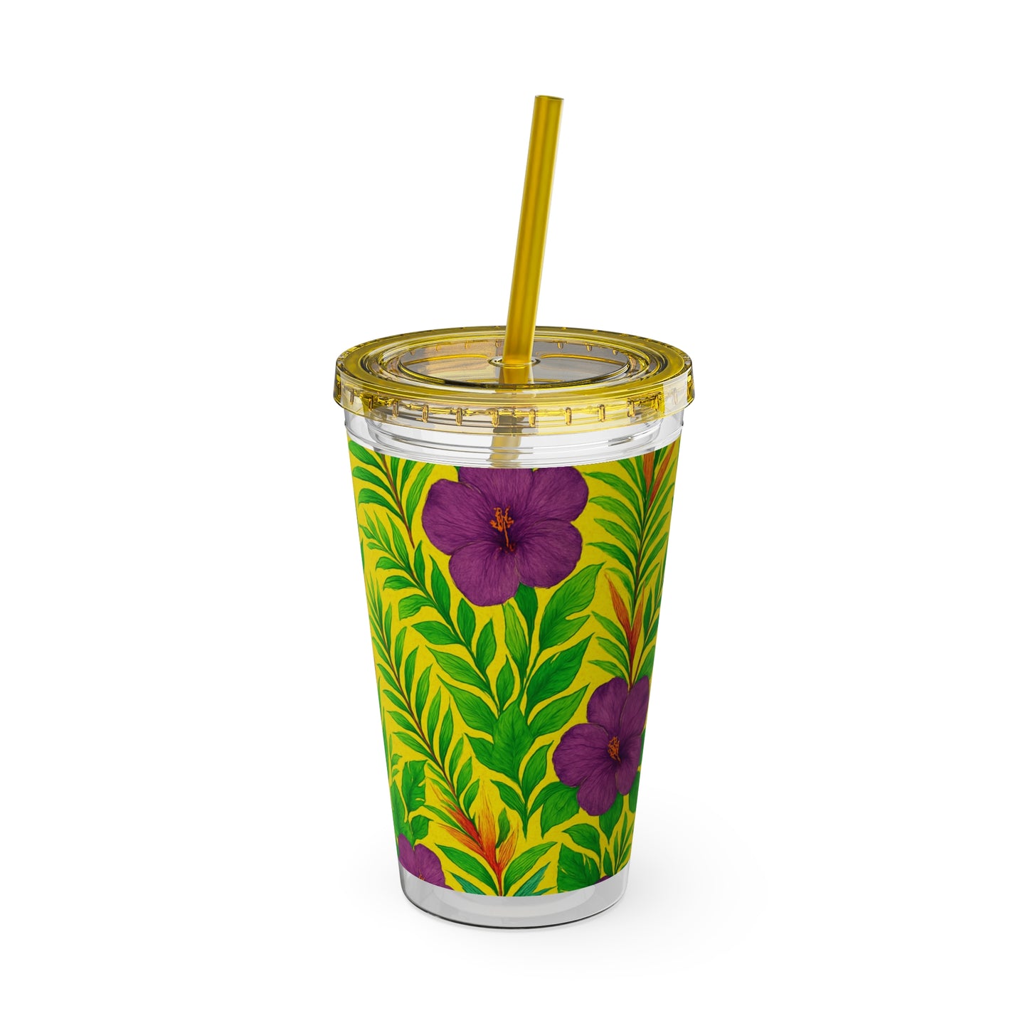 Tropical Tumbler with Straw | 16oz Colorful Travel Cup / Midnight Flower Yellow