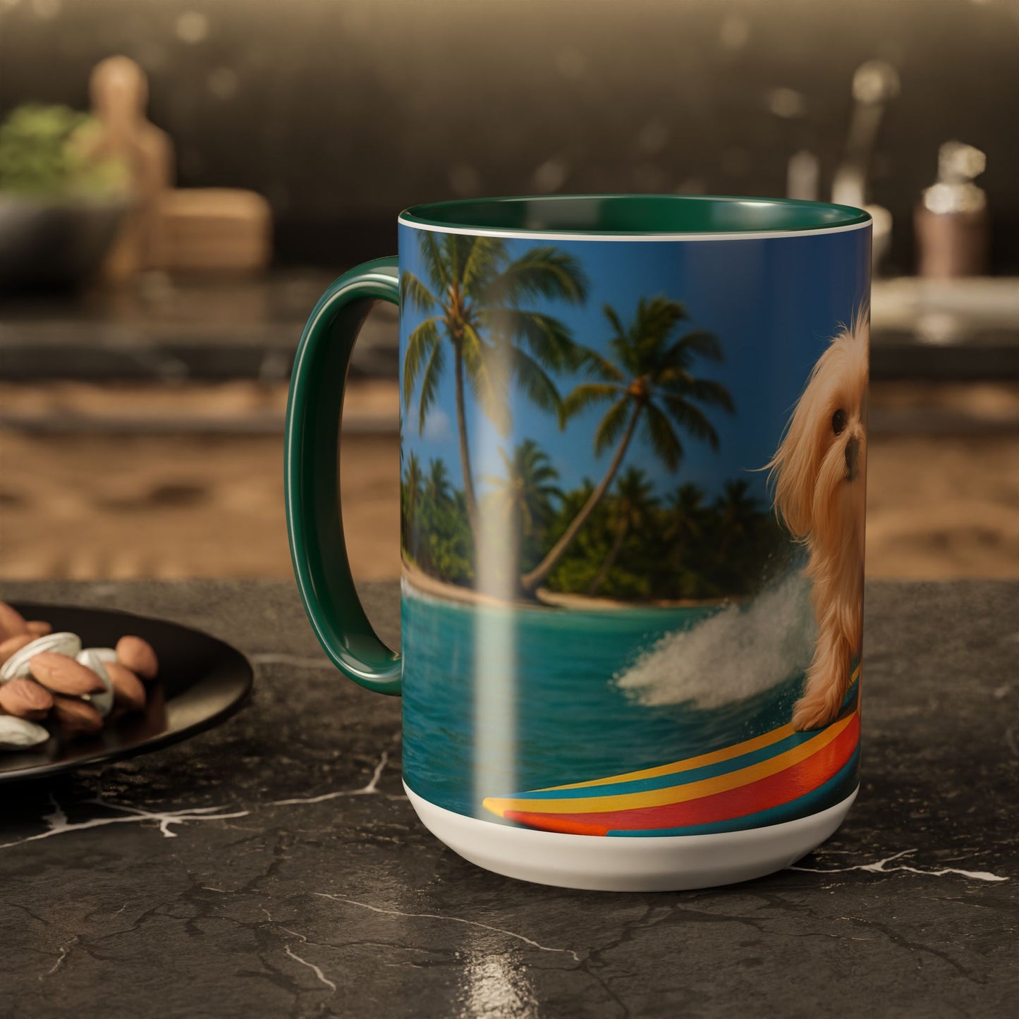 Vibrant Beach Coffee Mug - 11oz & 15oz / Puppy Ariel the Dog Surfer
