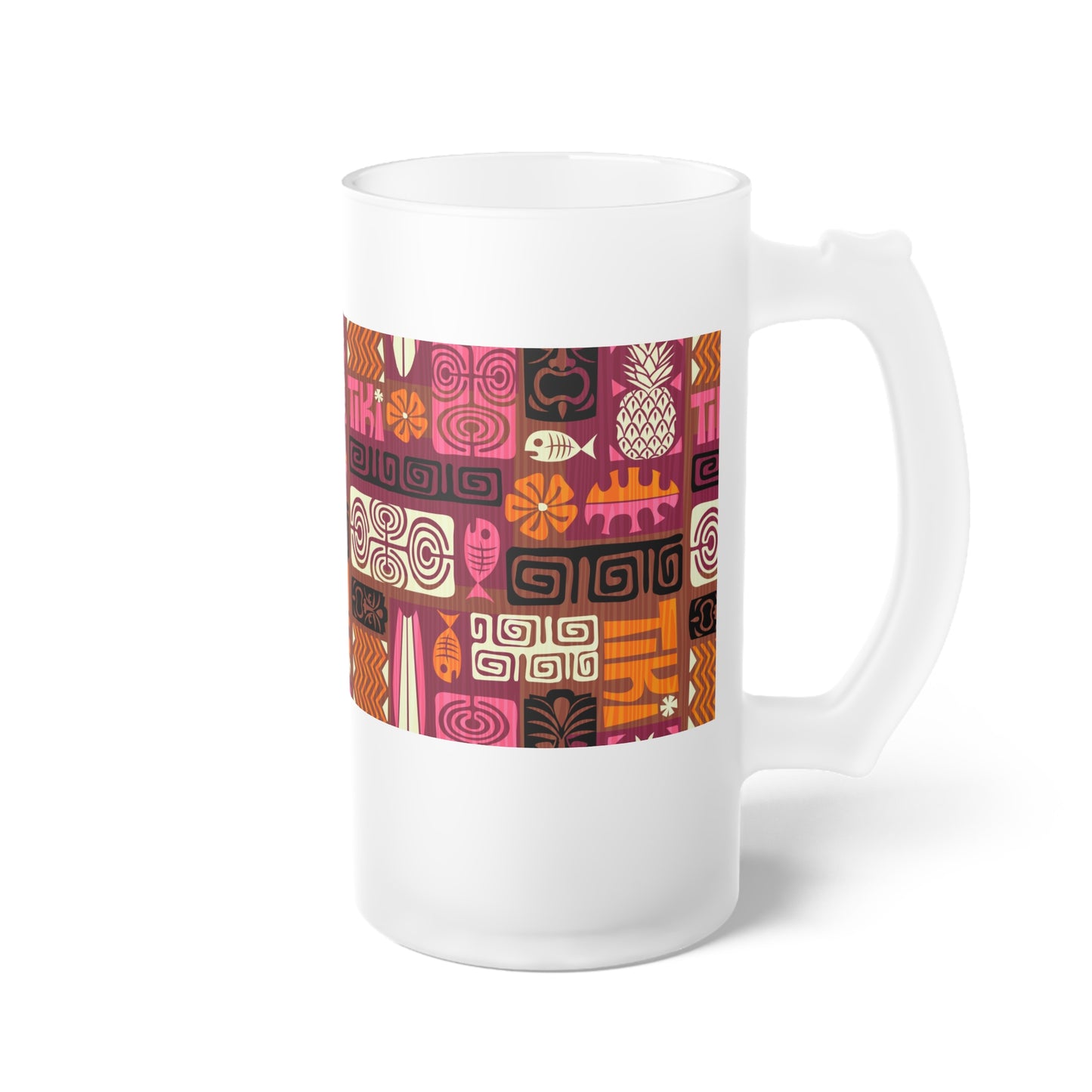 Frosted Glass Beer Mug, Tiki Poster Pink/Orange