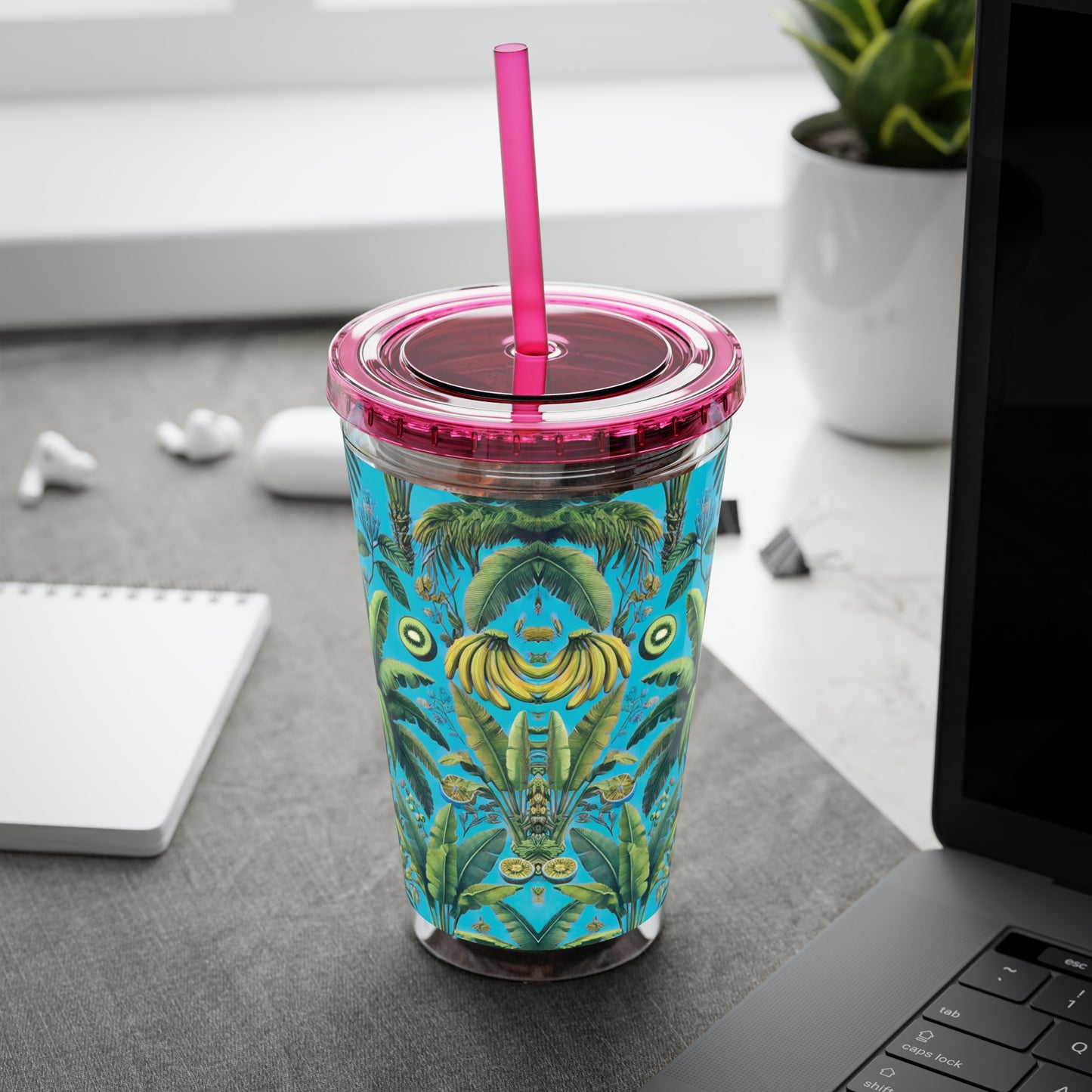 Tropical Tumbler with Straw | 16oz Colorful Travel Cup / More Tropical Fruit, Aqua Blue