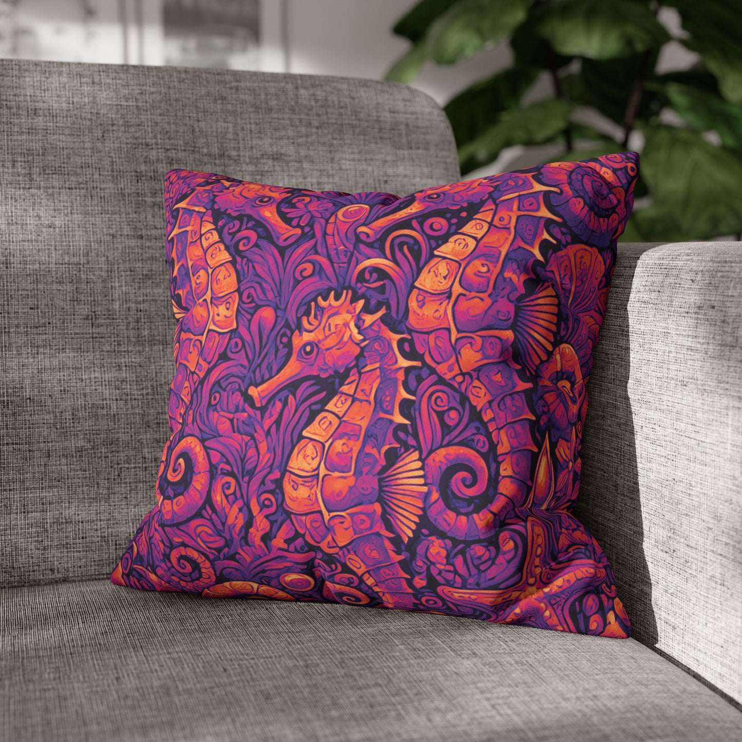Faux Suede Square Pillowcase - Seahorse Trio, Heatwave
