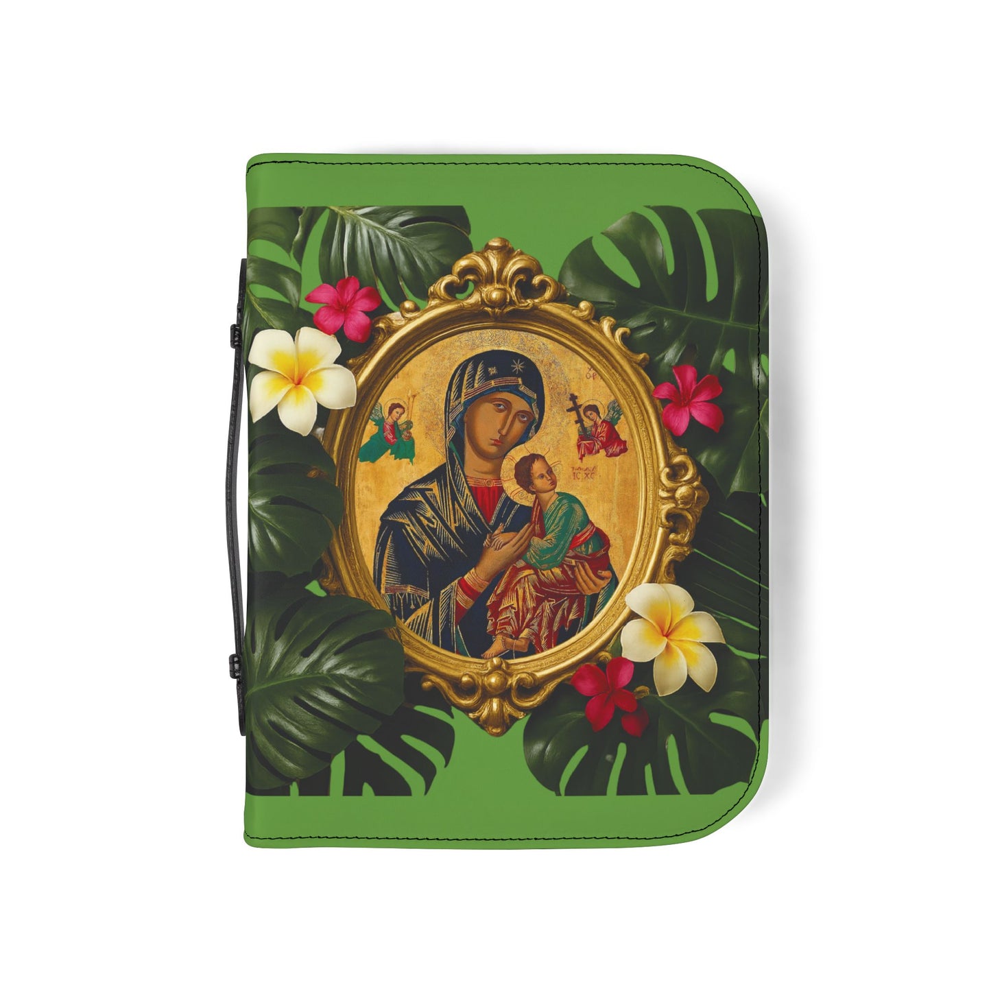 Tropical Bible Cover, Our Lady of Perpetual Help, Green / Floral Bible Protector, Christian Church Accessories