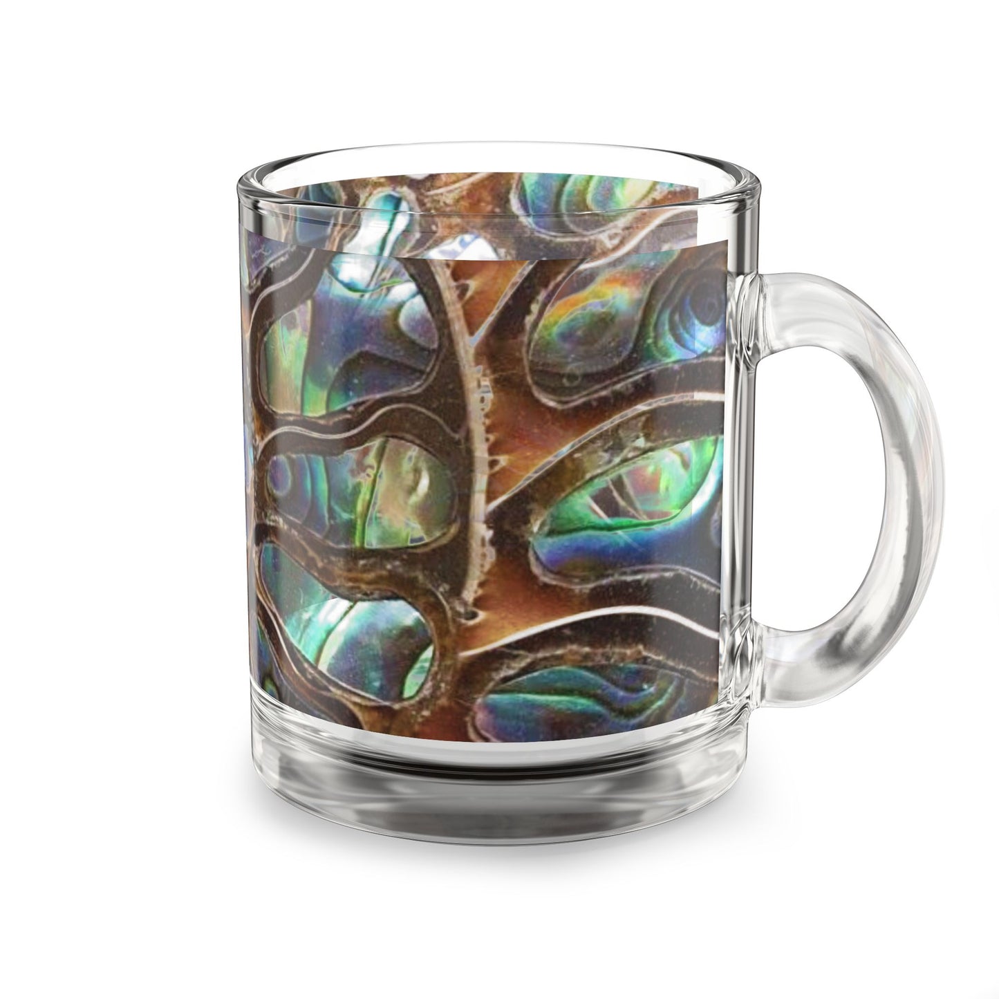 Tropical Glass Mug - 10oz Coffee Cup / Ammonite and Abalone Shells