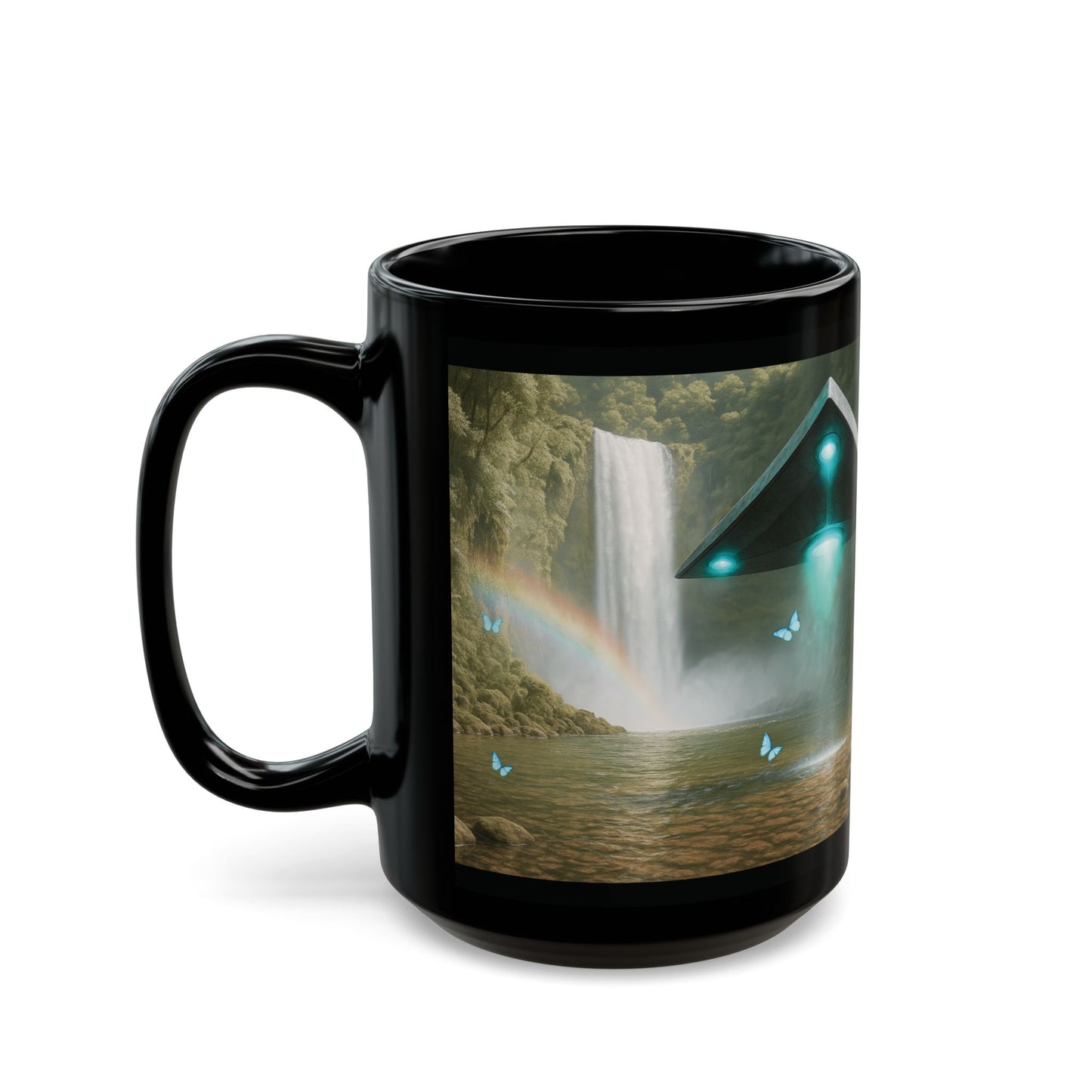 Black Coffee Mug - UFO and Waterfall