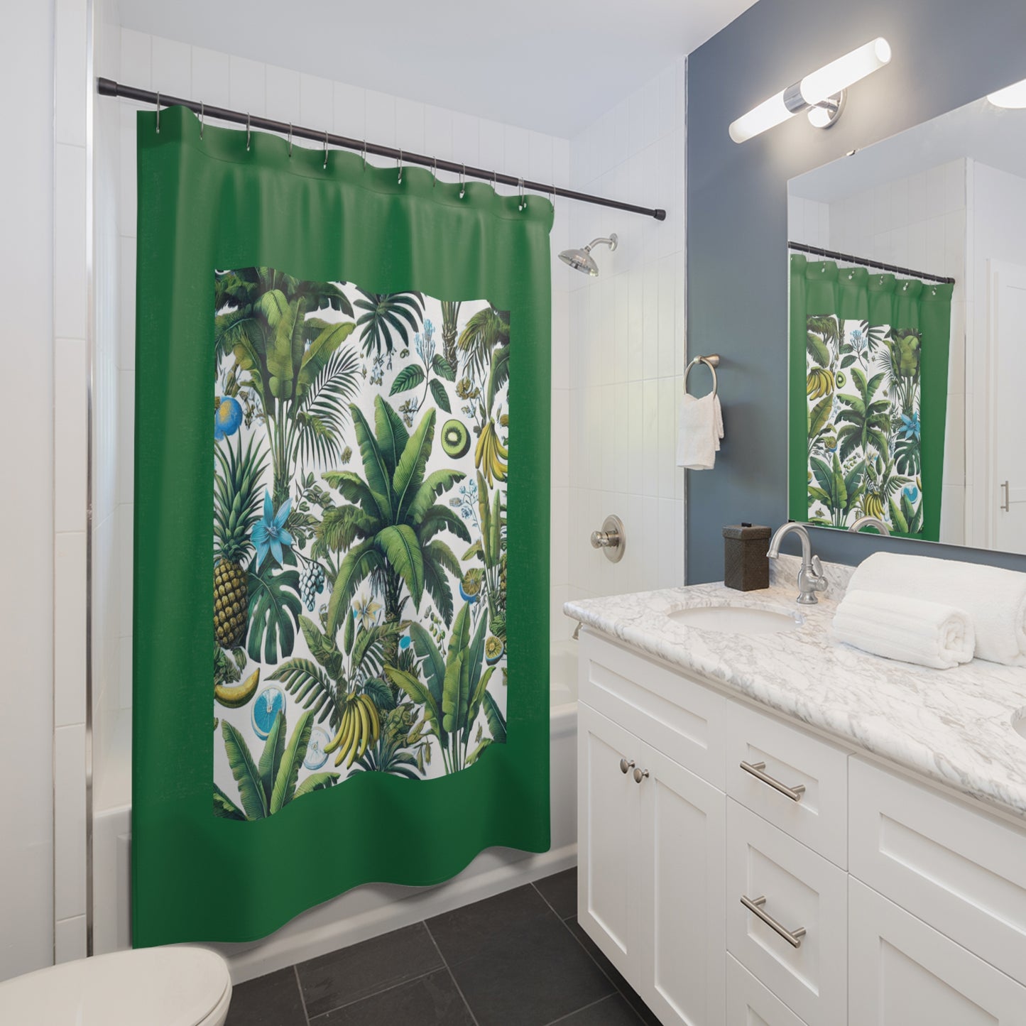 Palm Tree Shower Curtain - Ocean Bathroom Decor / Tropical Fruit/White, Dark Green