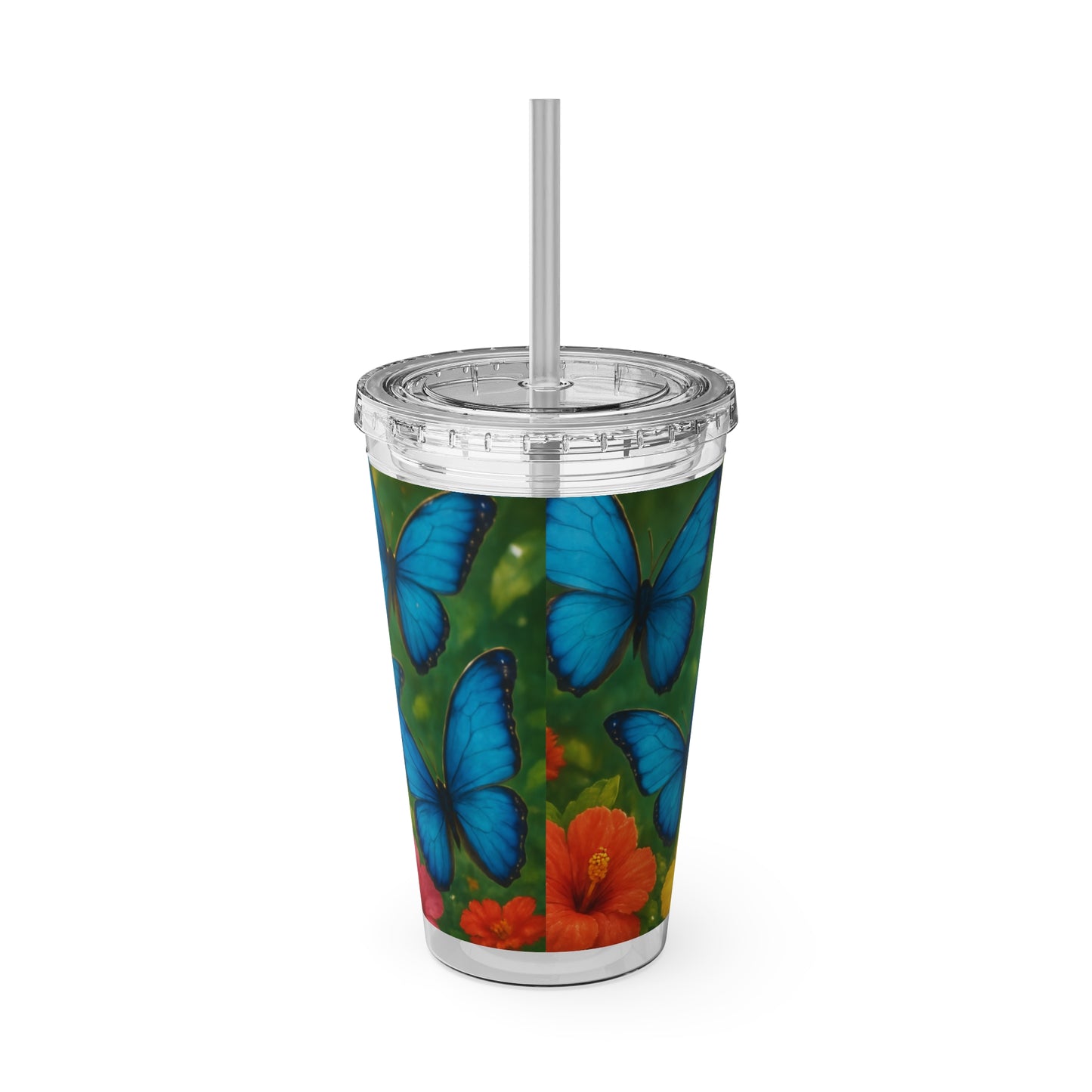 Tropical Tumbler with Straw | 16oz Colorful Travel Cup / Morpho Butterflies Flight