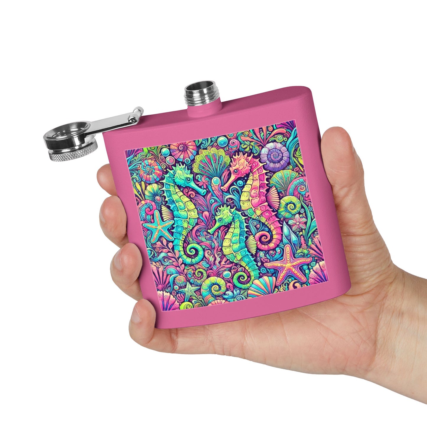 Tropical Stainless Steel 6 oz. Flask, Many Colors  – Seahorse Trio