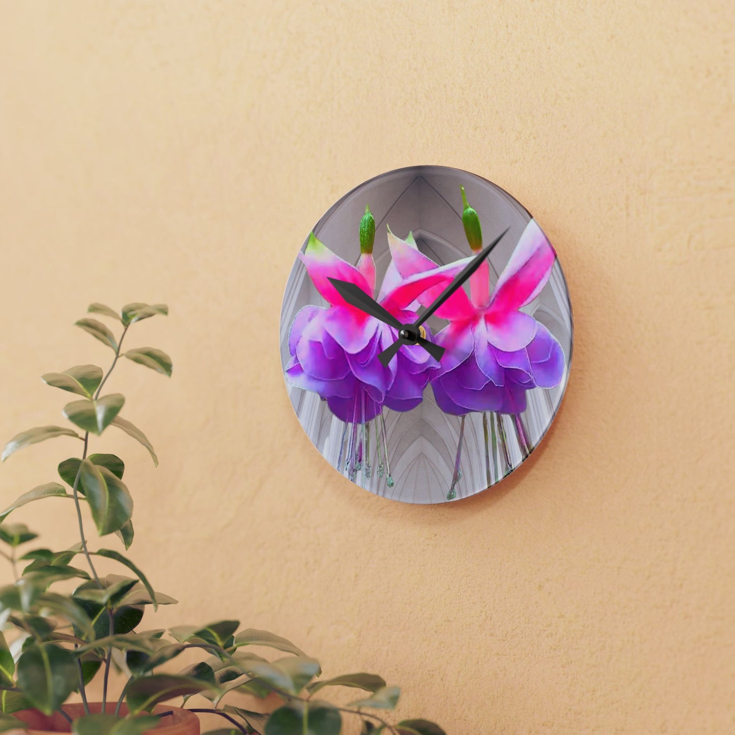 Acrylic Wall Clock, Two Fuchsias, 4 Variants