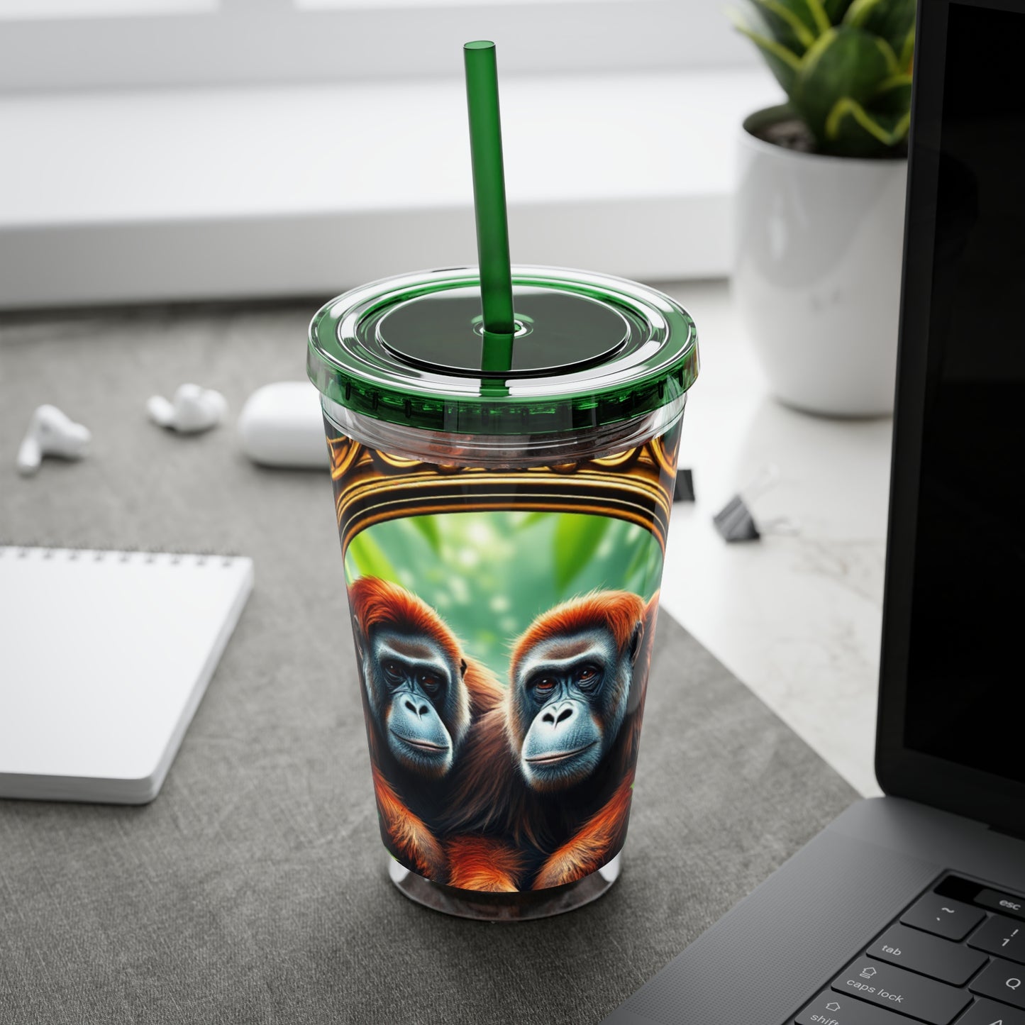 Tropical Tumbler with Straw | 16oz Colorful Travel Cup / Framed Orangutan Apes