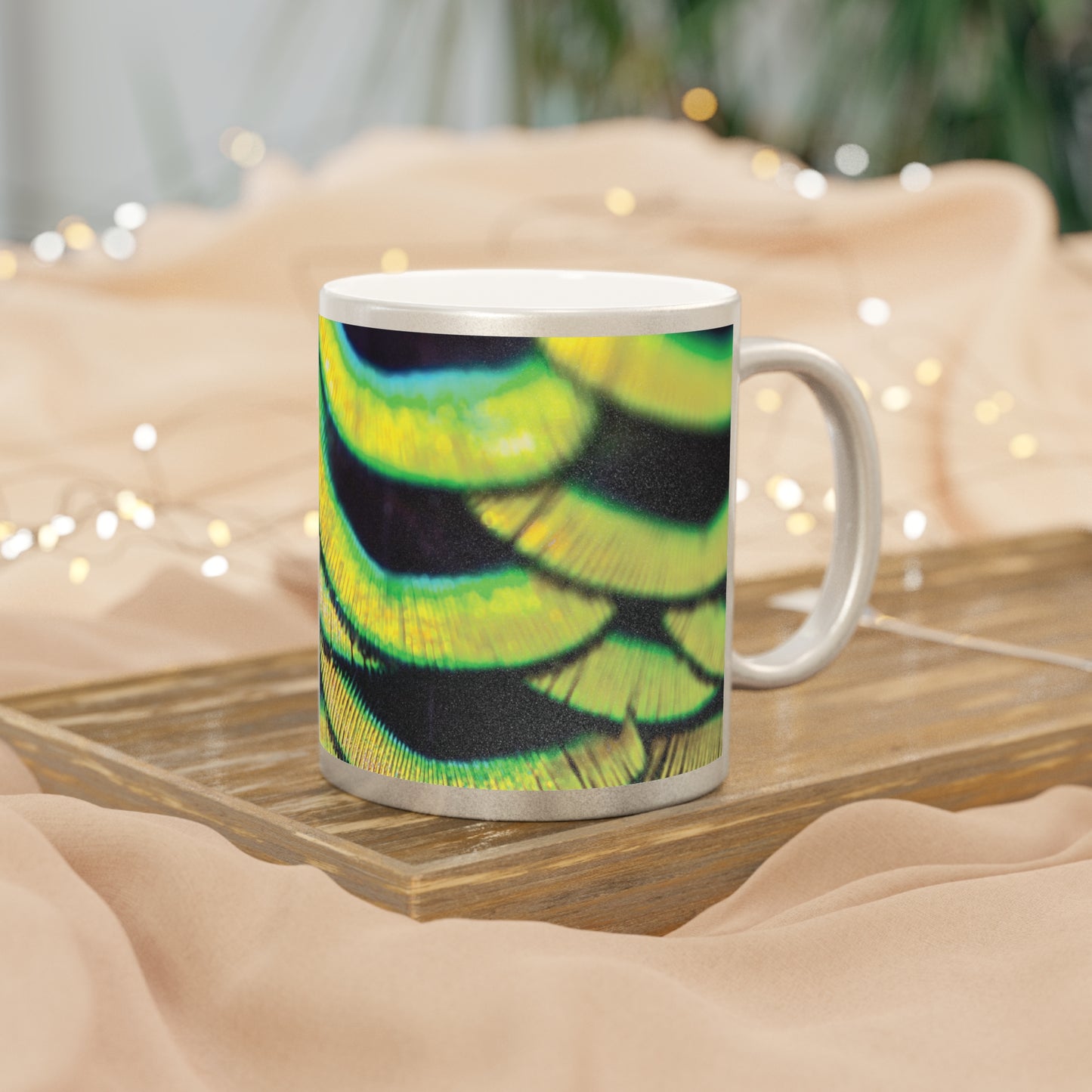 Colorful Flower Metallic Mug, Gold or Silver - Yellow Peacock Feathers