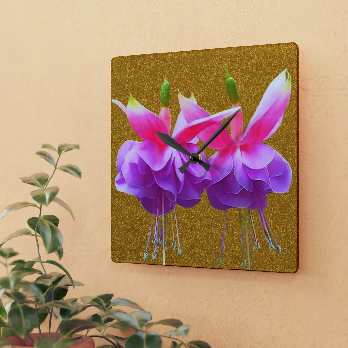 Acrylic Wall Clock, Two Fuchsias/Gold, 4 Variants