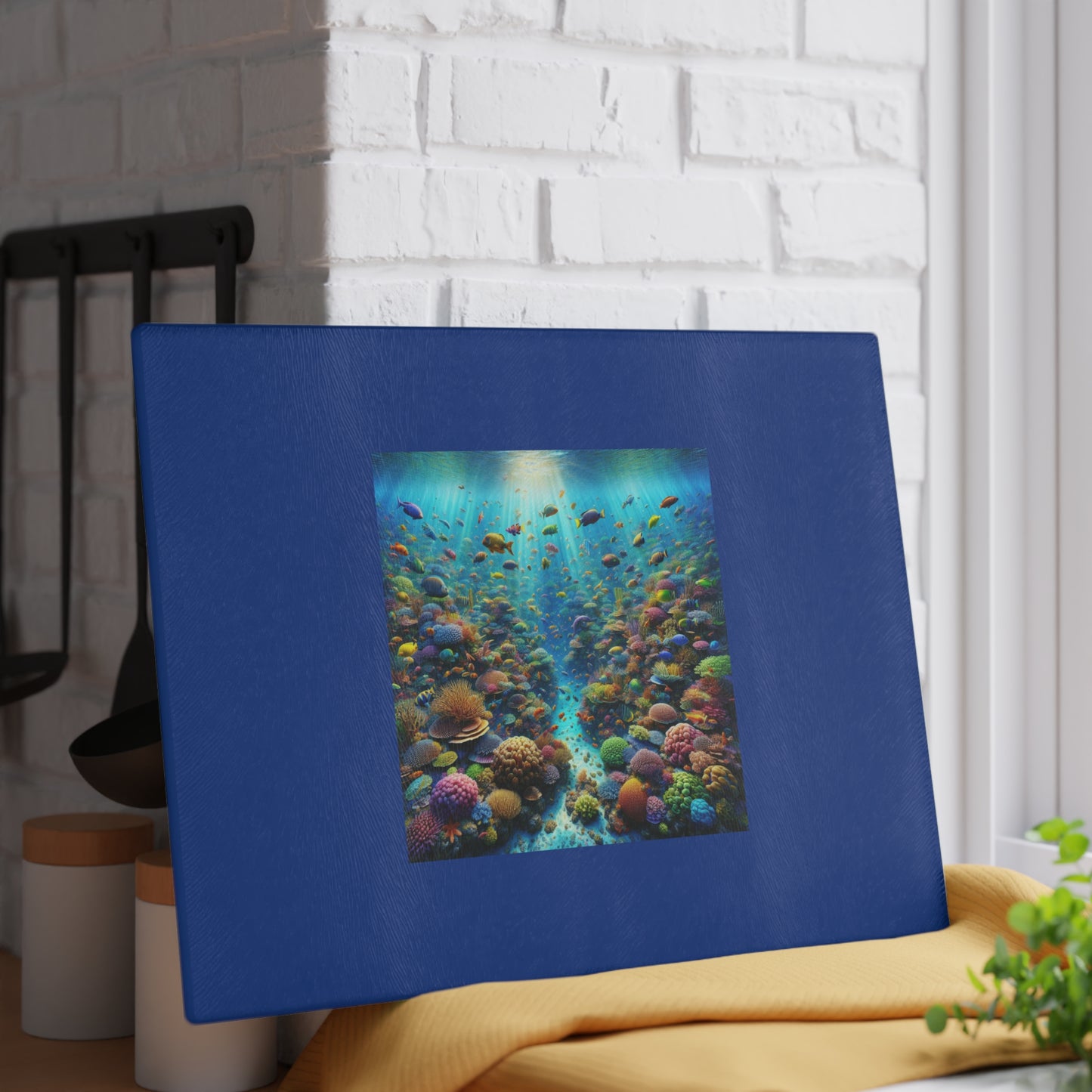Glass Cutting Board, 2 sizes - Busy Coral Reef/Dark Blue