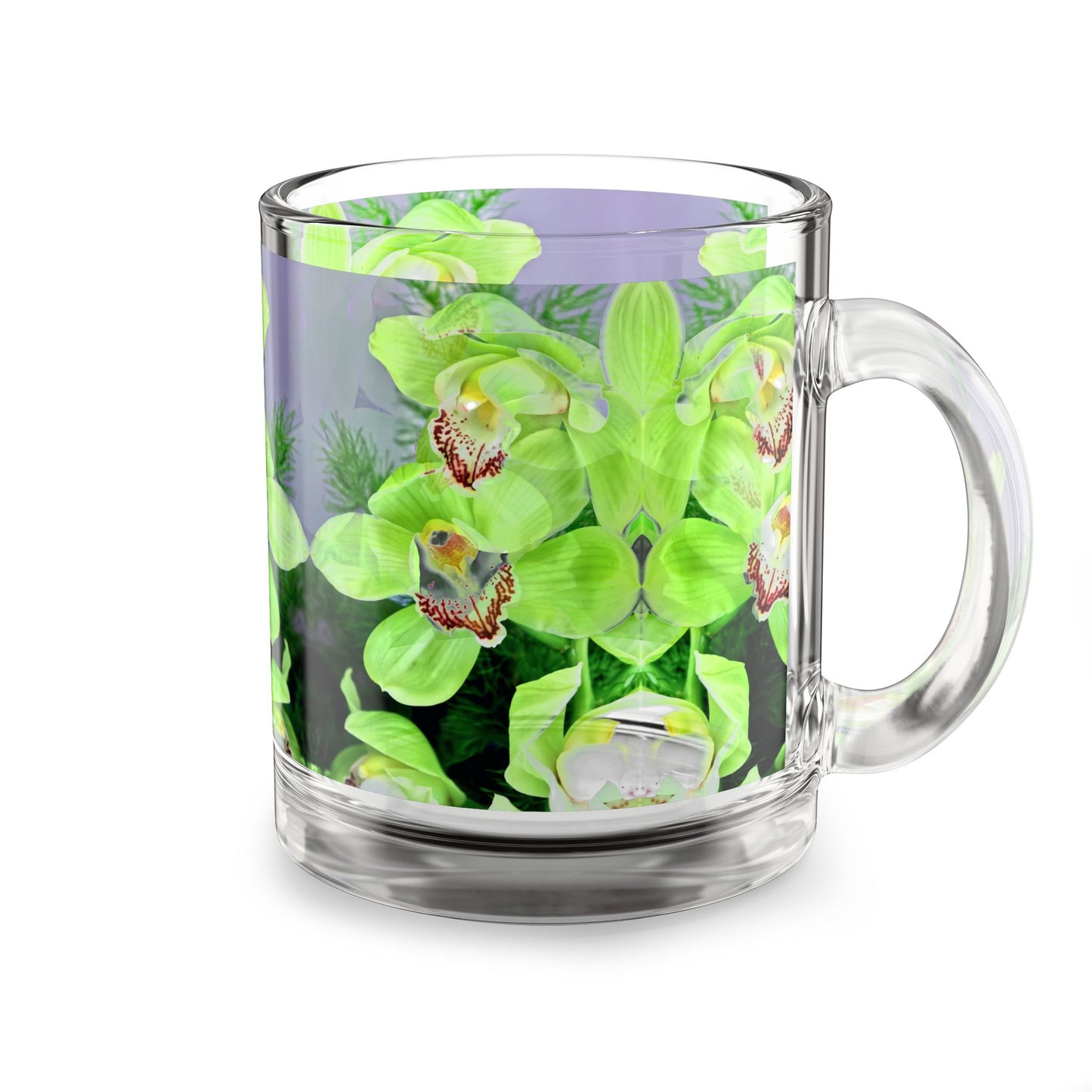 Kaleido Green Orchids Glass Mug - 10oz, Perfect for Flower Lovers