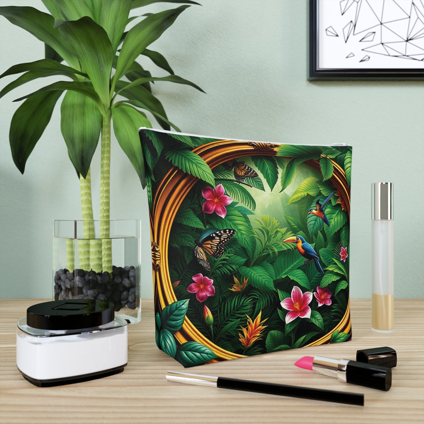 Tropical Cotton Cosmetic Bag - Makeup Pouch, 5 Sizes / Framed Rainforest