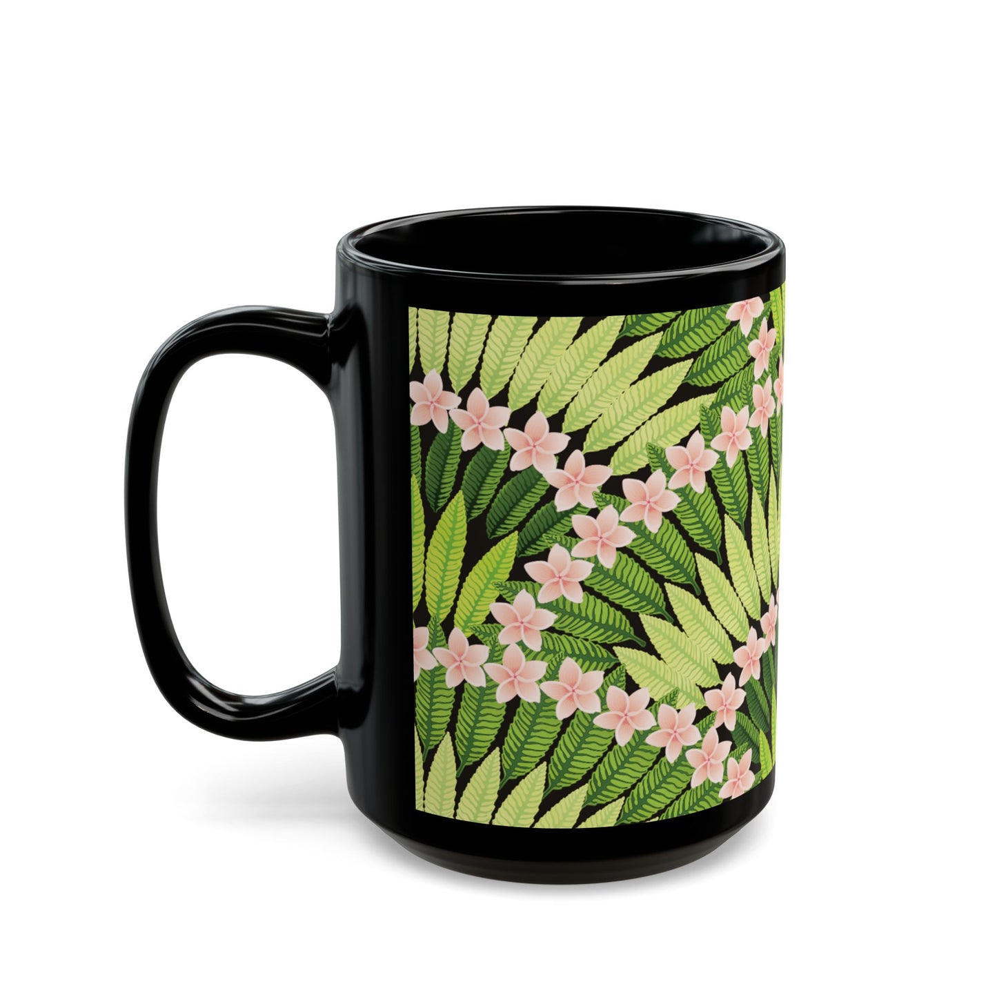 Black Mug (11oz, 15oz), Plumeria and Palms, Lime