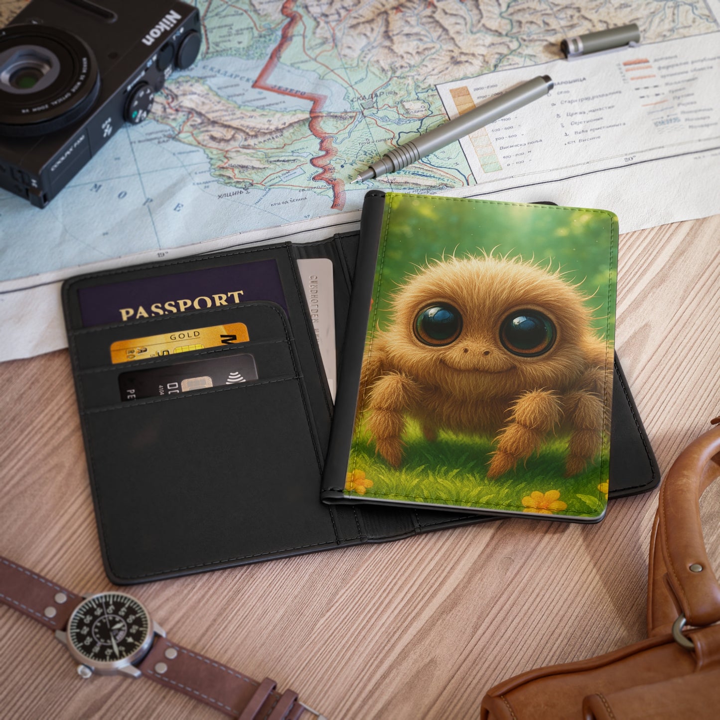Tropical Passport Cover, Faux Leather - RFID blocking for travel security / Rainforest Baby Spider