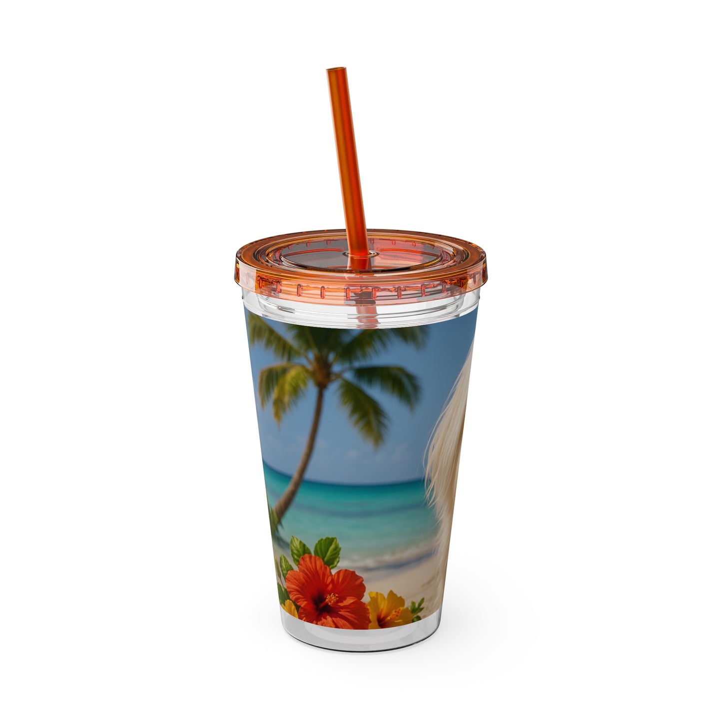Tropical Tumbler with Straw | 16oz Colorful Travel Cup / Puppy Ariel at the Beach
