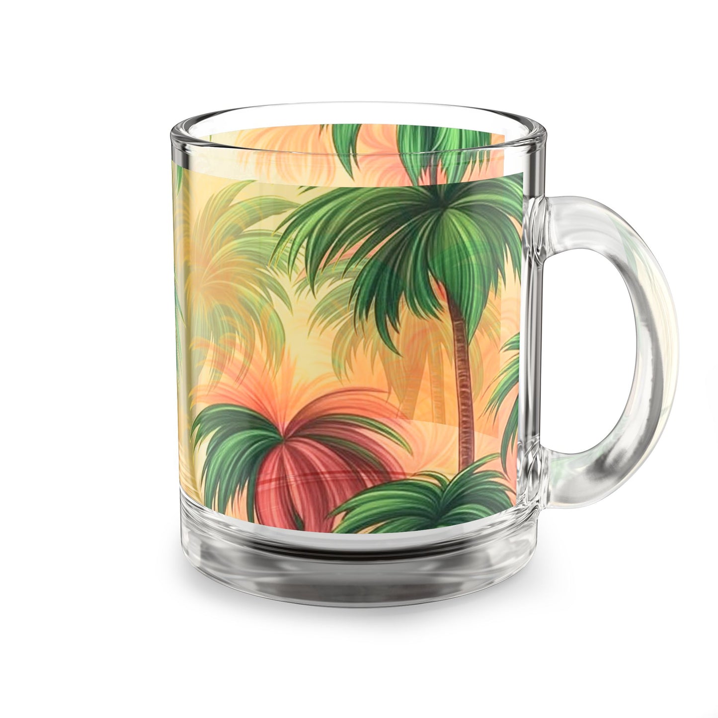 Tropical Glass Mug - 10oz Coffee Cup / Palms in Orange Mist