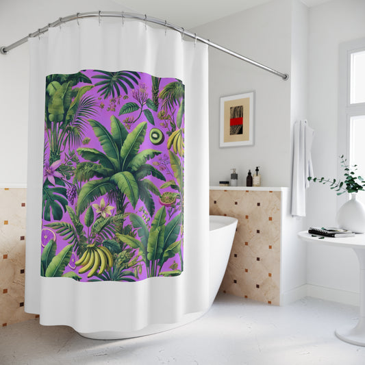 Tropical Shower Curtain - Rainforest Bathroom Decor / More Tropical Fruit/Deep Lilac, White