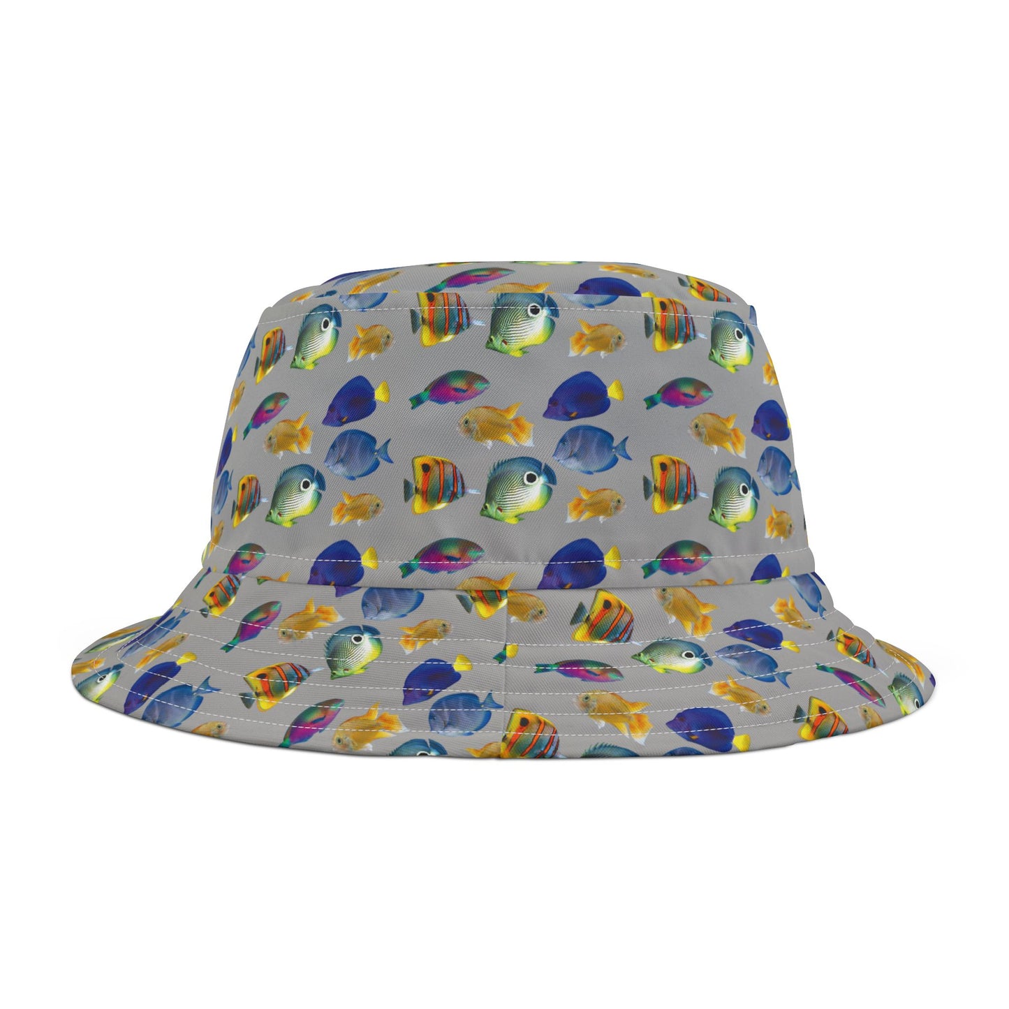 Tropical Polyester Bucket Hat, 2 Sizes - School of Fish / Light Grey