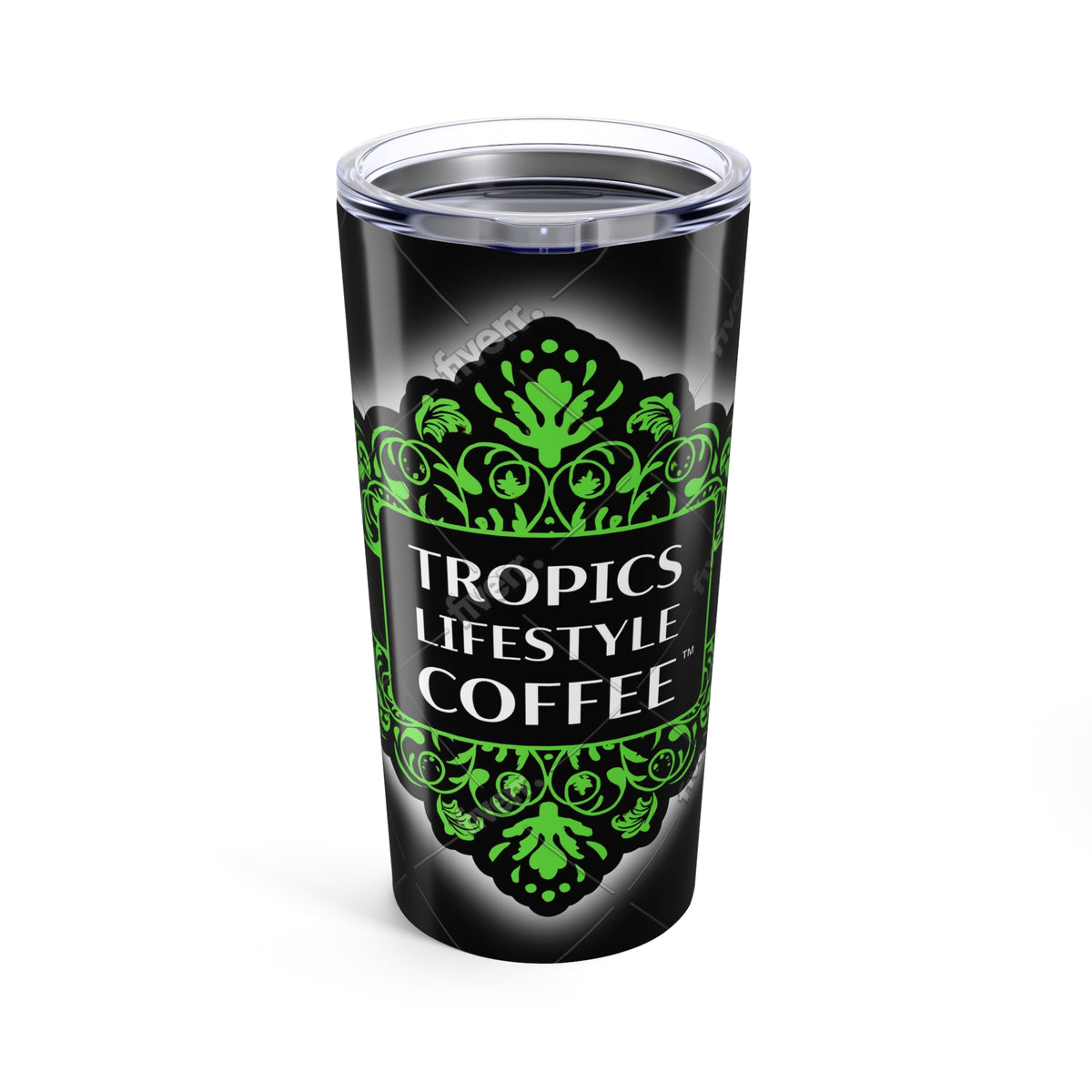 20oz Tropical Glossy Tumbler, Stainless Steel / Tropics Lifestyle Coffee, Black Glow