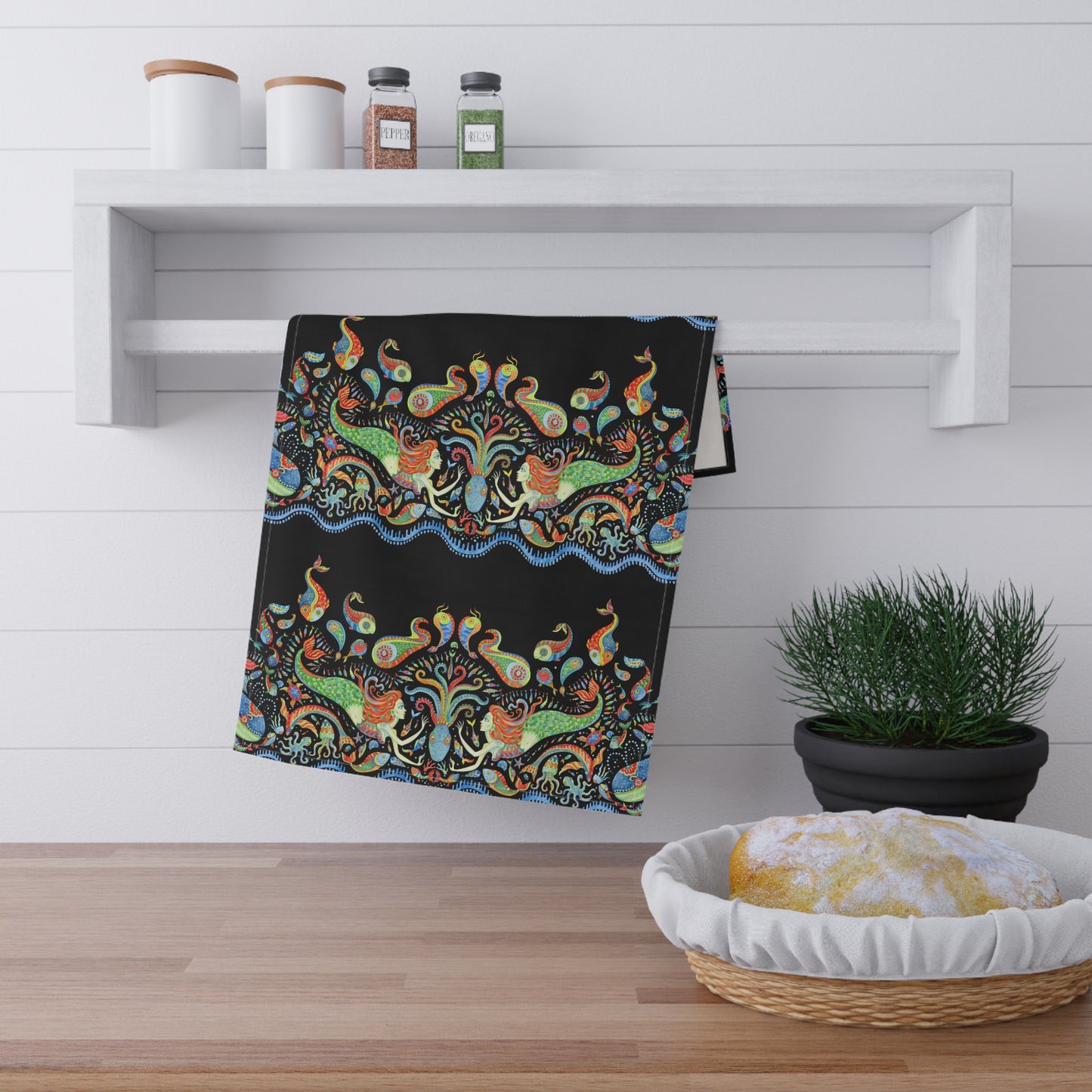 Tropical Tea Towels – Paradise Kitchen Decor / Mermaid Kingdom, Black