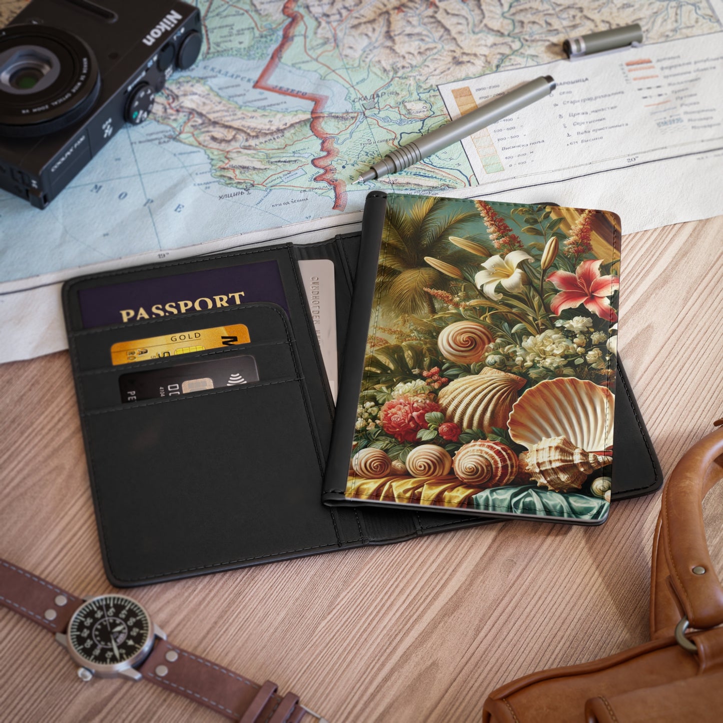 Tropical Passport Cover, Faux Leather - RFID blocking for travel security / Shells and Flowers