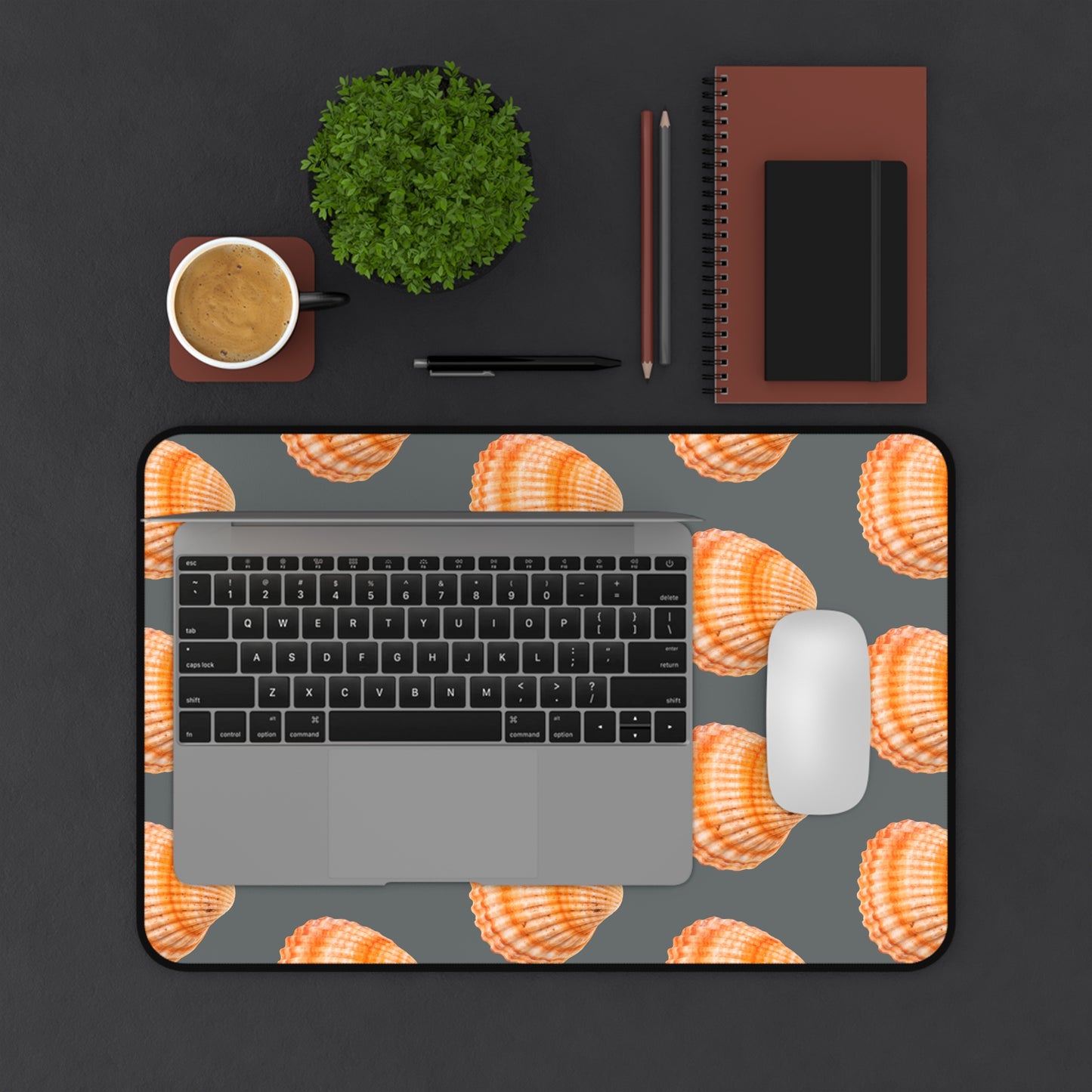 Tropical Mouse Pad/Desk Mat, 3 Sizes - Seashell Design, Perfect for Home Office / Orange Scallop, Dark Grey