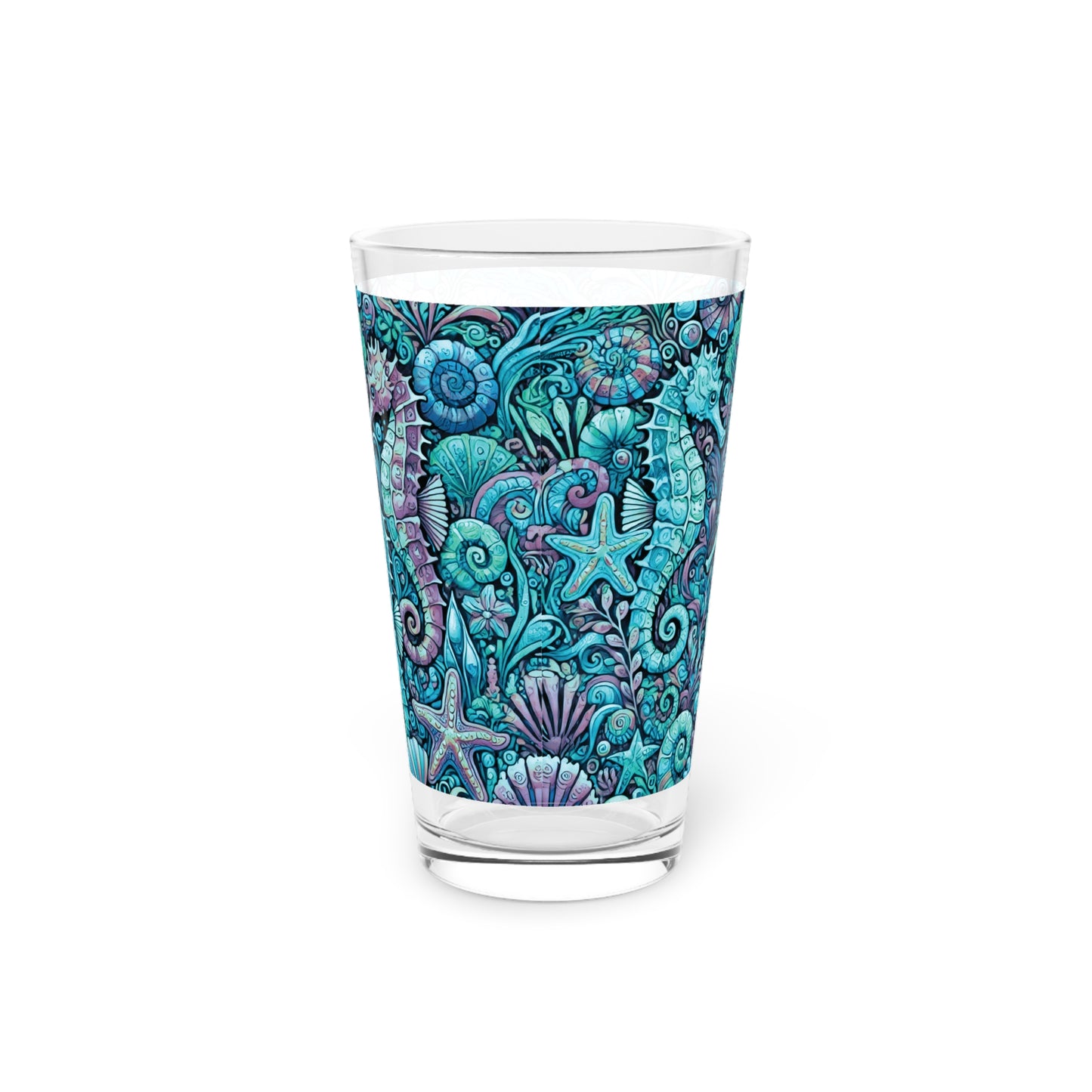 Pint Glass, 16oz - Seahorse Trio Turquoise