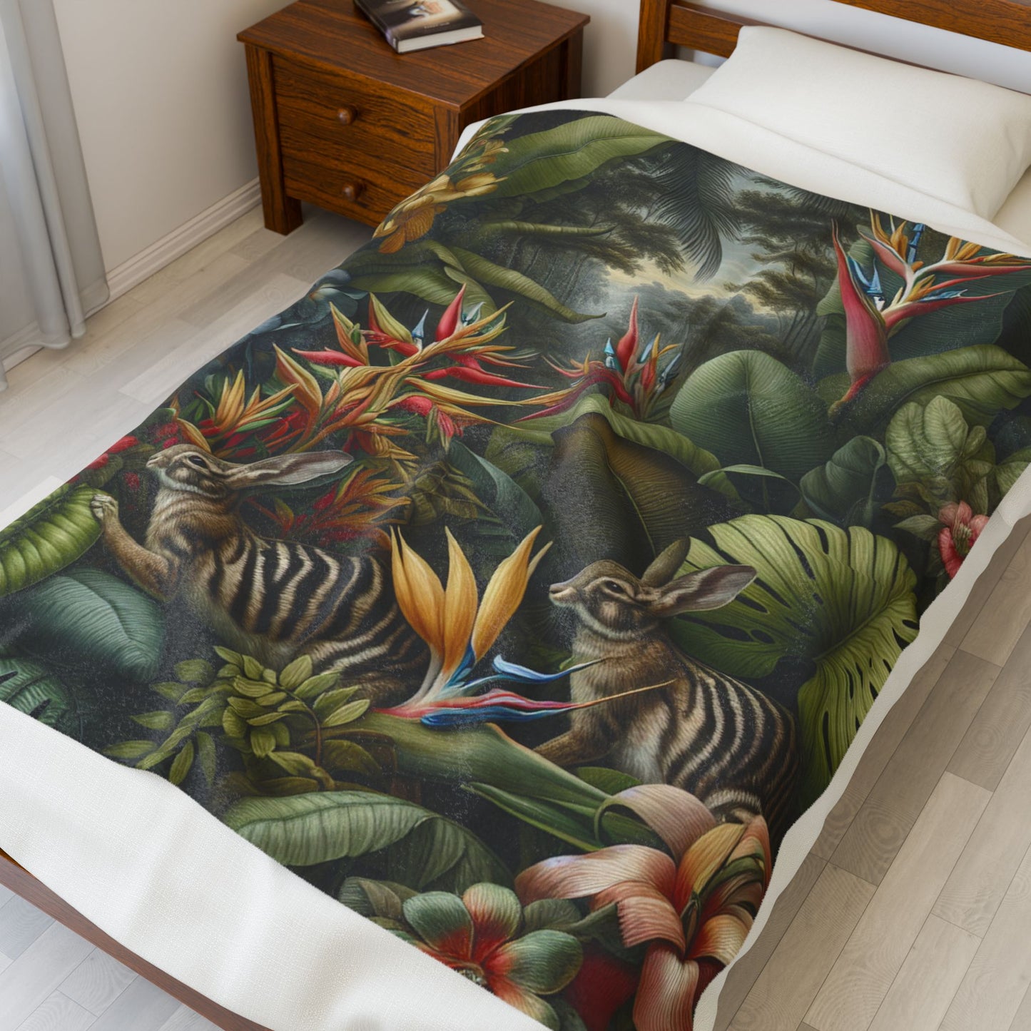 Rainforest Rabbit Outing Velveteen Plush Blanket - Cozy Home Decor for Rabbit Lovers