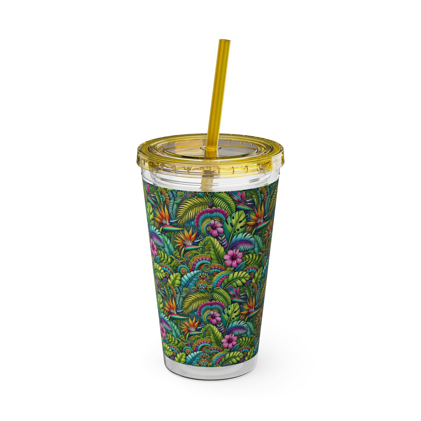 Tropical Tumbler with Straw | 16oz Colorful Travel Cup / Rainforest Blooms