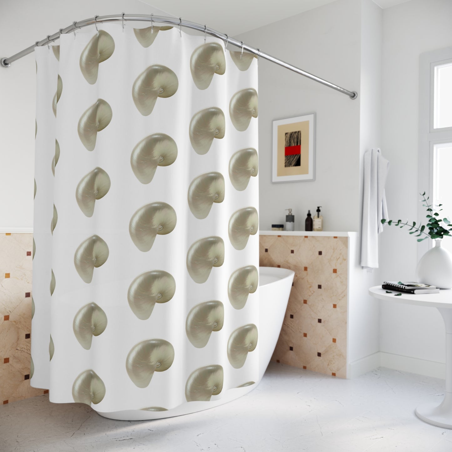 Tropical Shower Curtain - Ocean Bathroom Decor / White Nautilus Shell/White