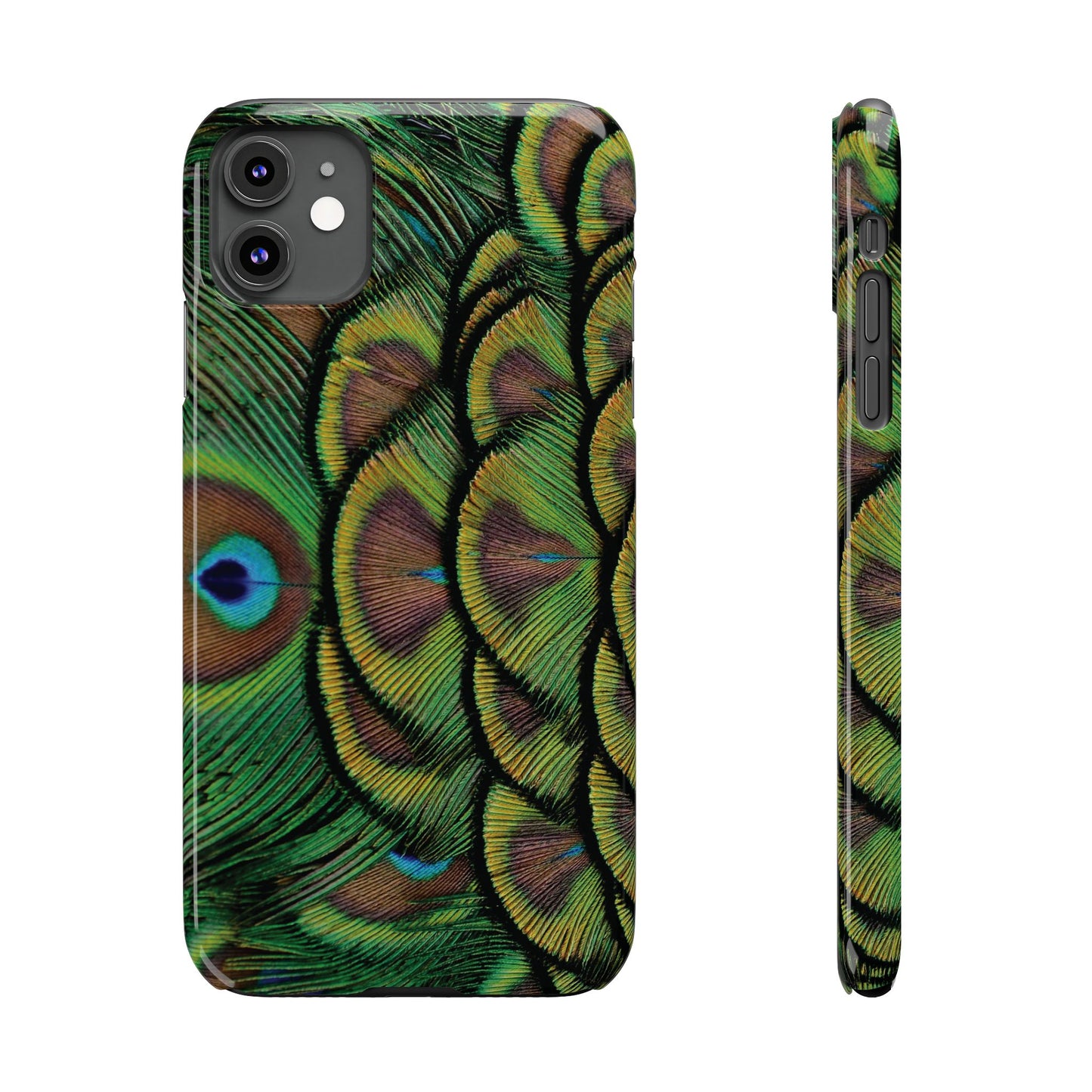 Slim Phone Cases - Brilliant Green Peacock Feathers