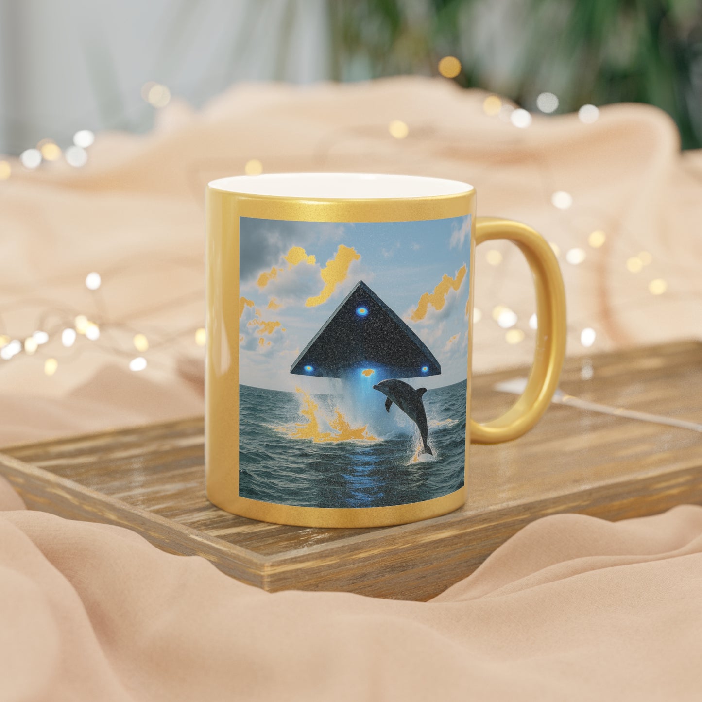 Tropical Metallic Mug, Gold or Silver - UFO & Dolphin