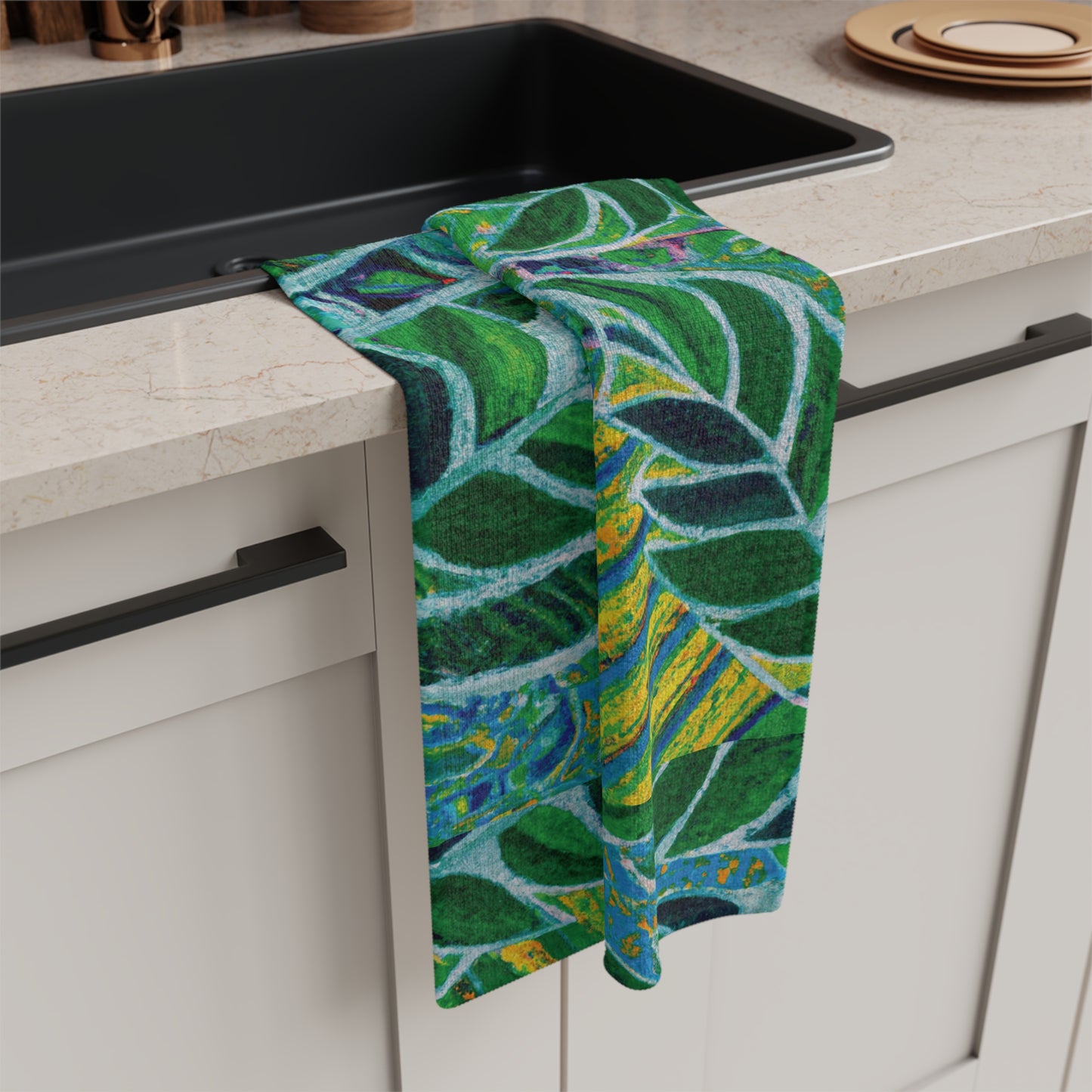Microfiber Coffee/Tea Towel — Botanical Amazon Whimsy, green