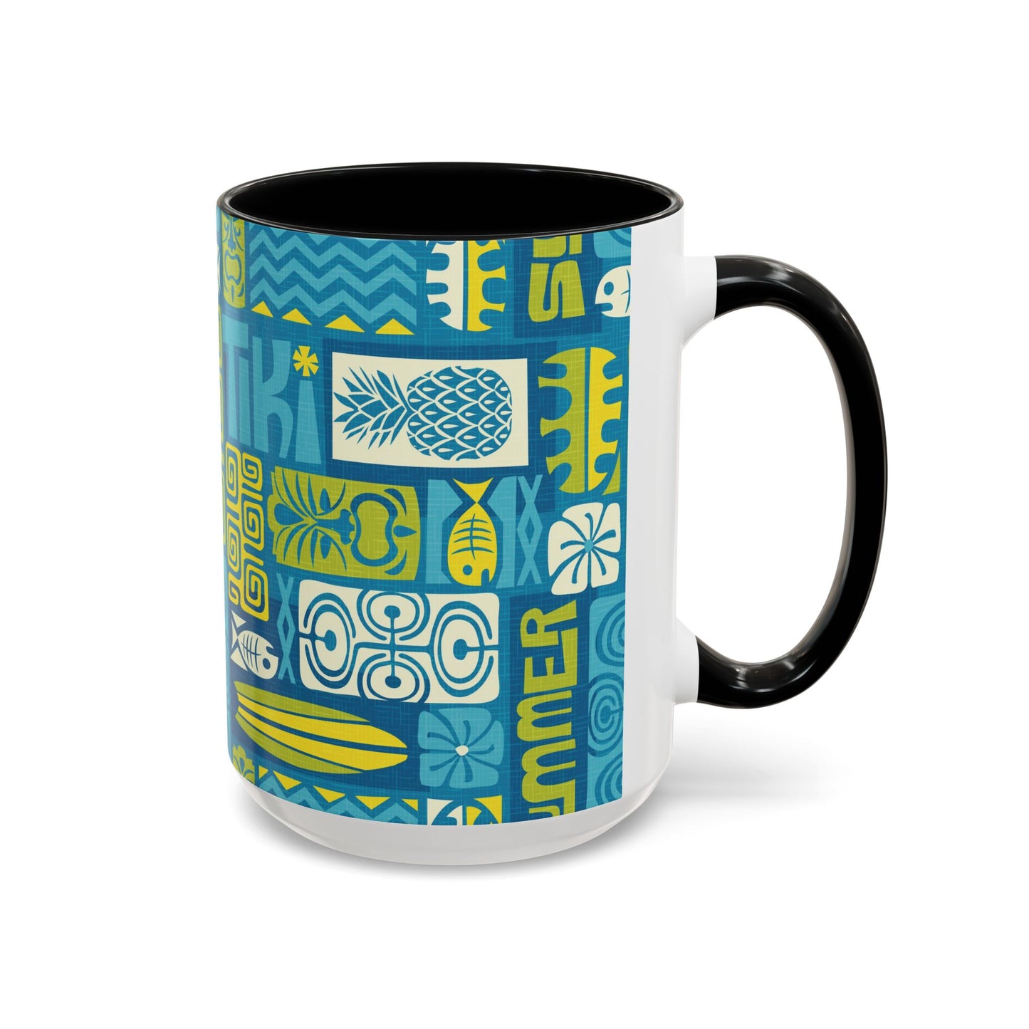 Accent Coffee Mug (11, 15oz), 8 Colors - Tiki Poster Blue