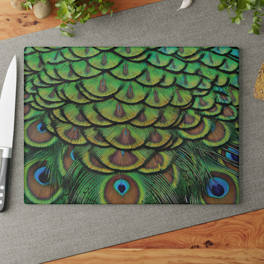 Glass Cutting Board, 2 sizes - Brilliant Green Peacock Feathers