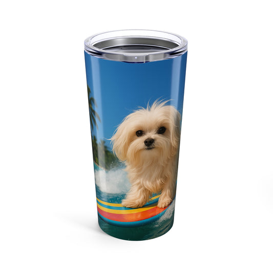 20oz Tropical Glossy Tumbler, Stainless Steel / Puppy Ariel the Dog Surfer