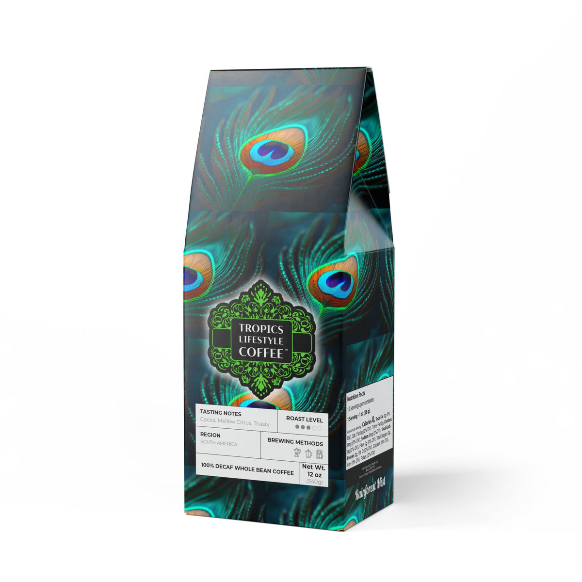 Rainforest Mist™ Single Origin DECAF (Medium Roast), Specialty Grade Craft Coffee / Peacock Eye Feather, Green