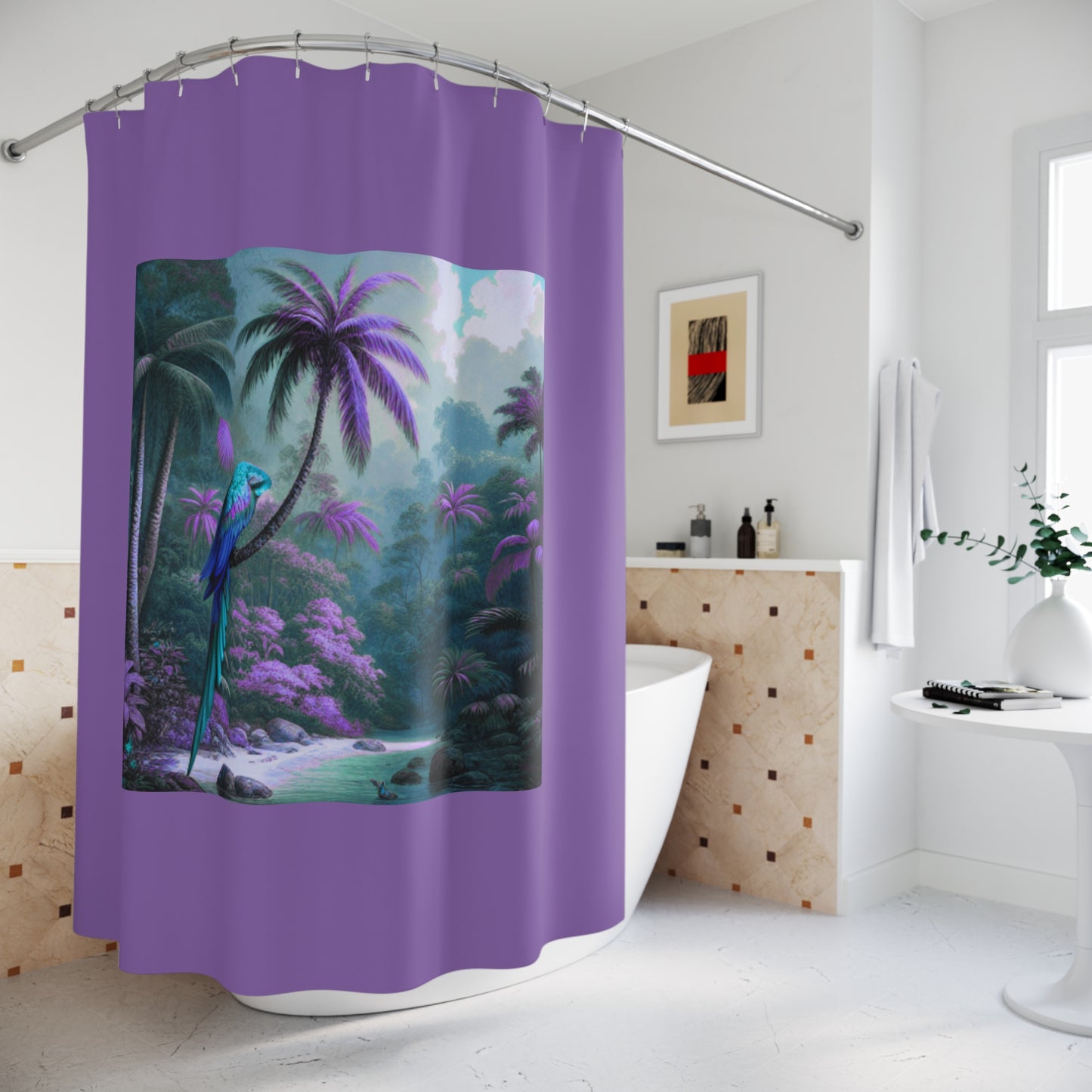 Tropical Shower Curtain - Rainforest Bathroom Decor / Sleeping Beauty Parrot Fantasy, Lt. Purple