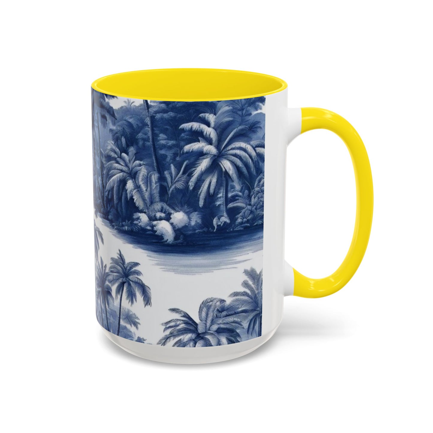 Accent Coffee Mug (11, 15oz), 8 Colors - Tropical Toile Blue/White