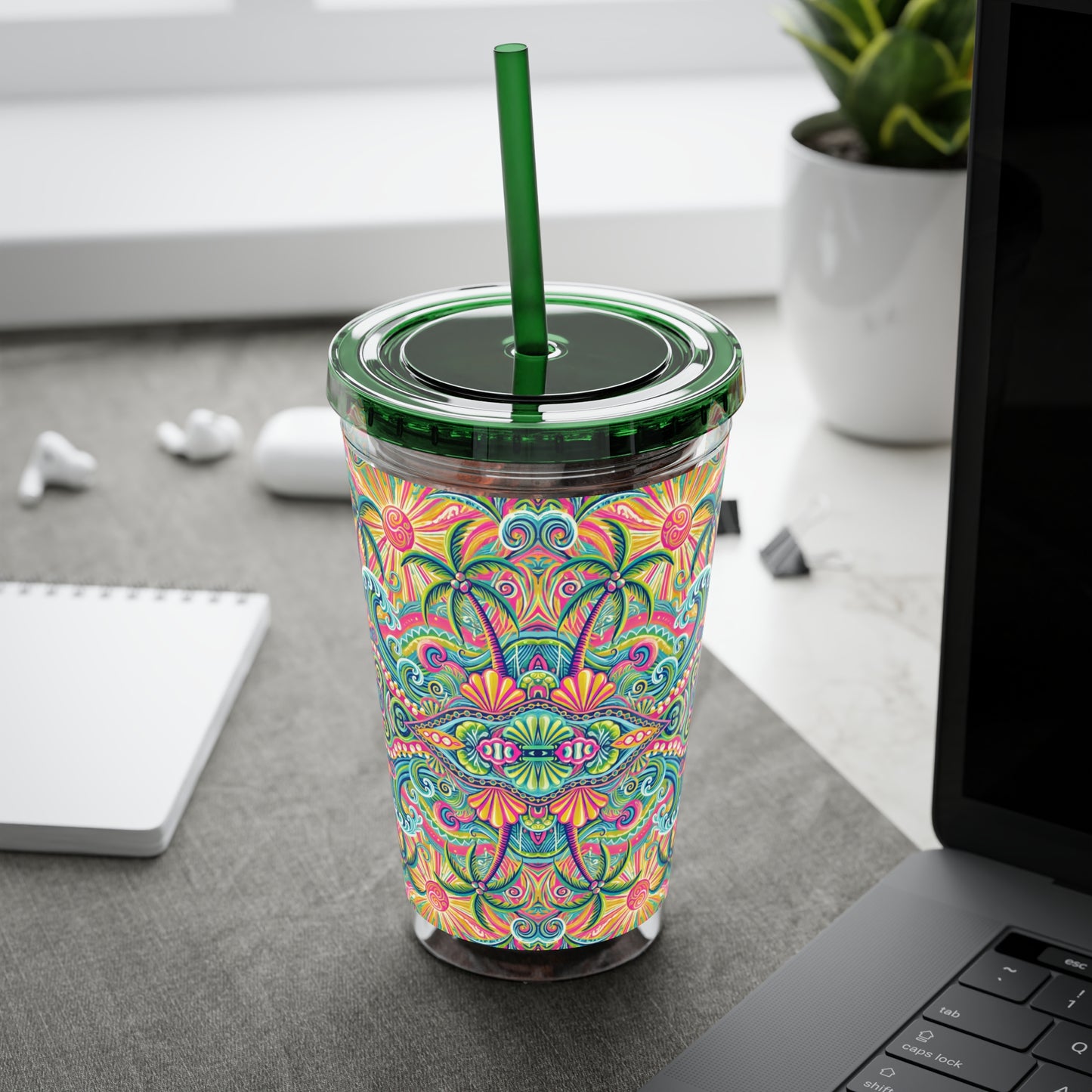 Tropical Tumbler with Straw | 16oz Colorful Travel Cup / Kaleido Bay