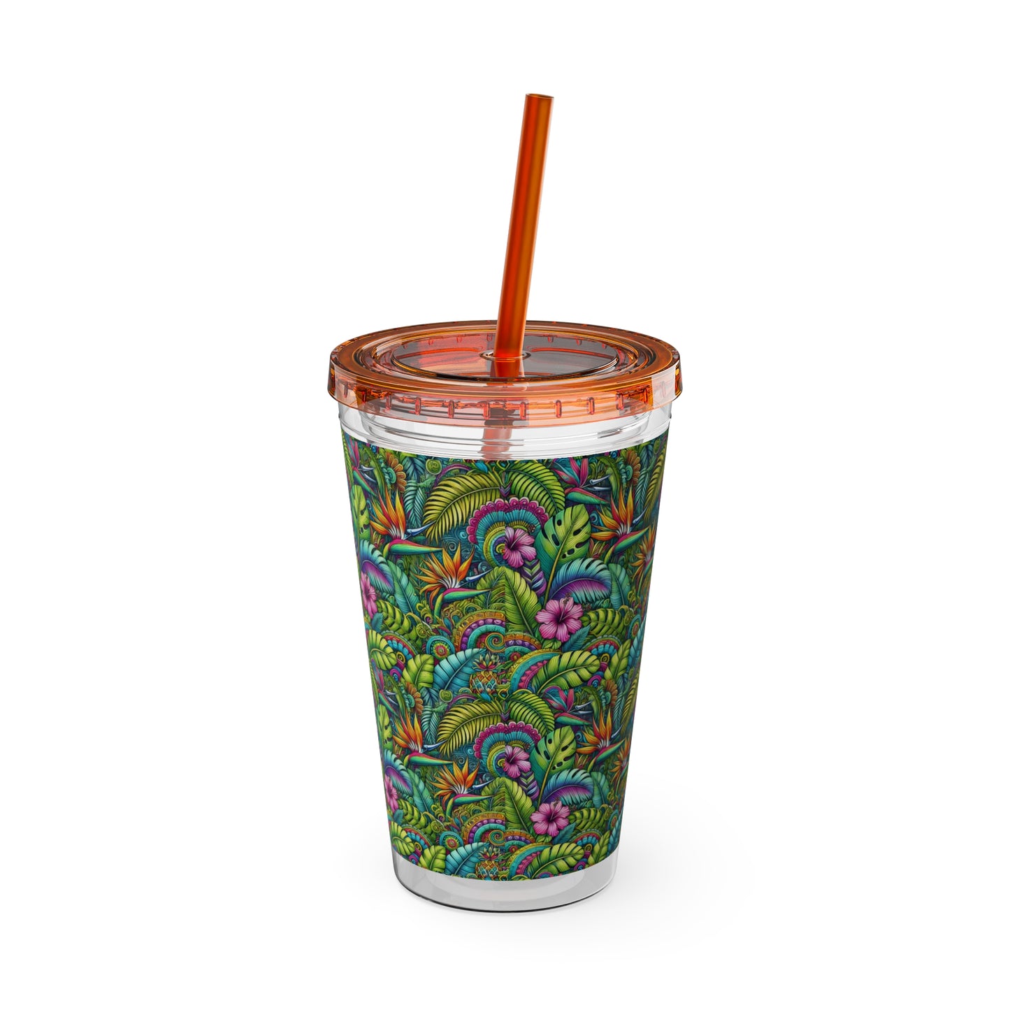 Tropical Tumbler with Straw | 16oz Colorful Travel Cup / Rainforest Blooms