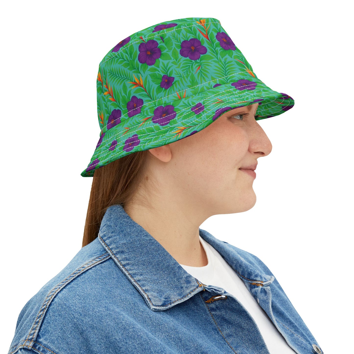 Tropical Polyester Bucket Hat, 2 Sizes - Midnight Flower Green